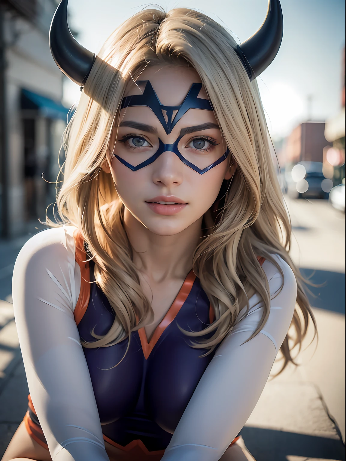 (masterpiece, best quality:1.4), (on the street),  (sitting:1.2), 1girl, solo, looking at viewer, mtladymha, boku no hero academia, bodysuit, (purple and white bodysuit), pink eyes, domino mask, long hair, blonde hair, horns, sexy big smile, highly detailed face, highly detailed skin, skin pores, (highly detailed face, higly detailed eyes), (high quality face), subsurface scattering, realistic pupils, medium breast, full face blush, full lips, detailed background, depth of field, volumetric lighting, sharp focus, absurdres, realistic proportions, good anatomy, (realistic, hyperrealistic:1.4), 16k hdr,