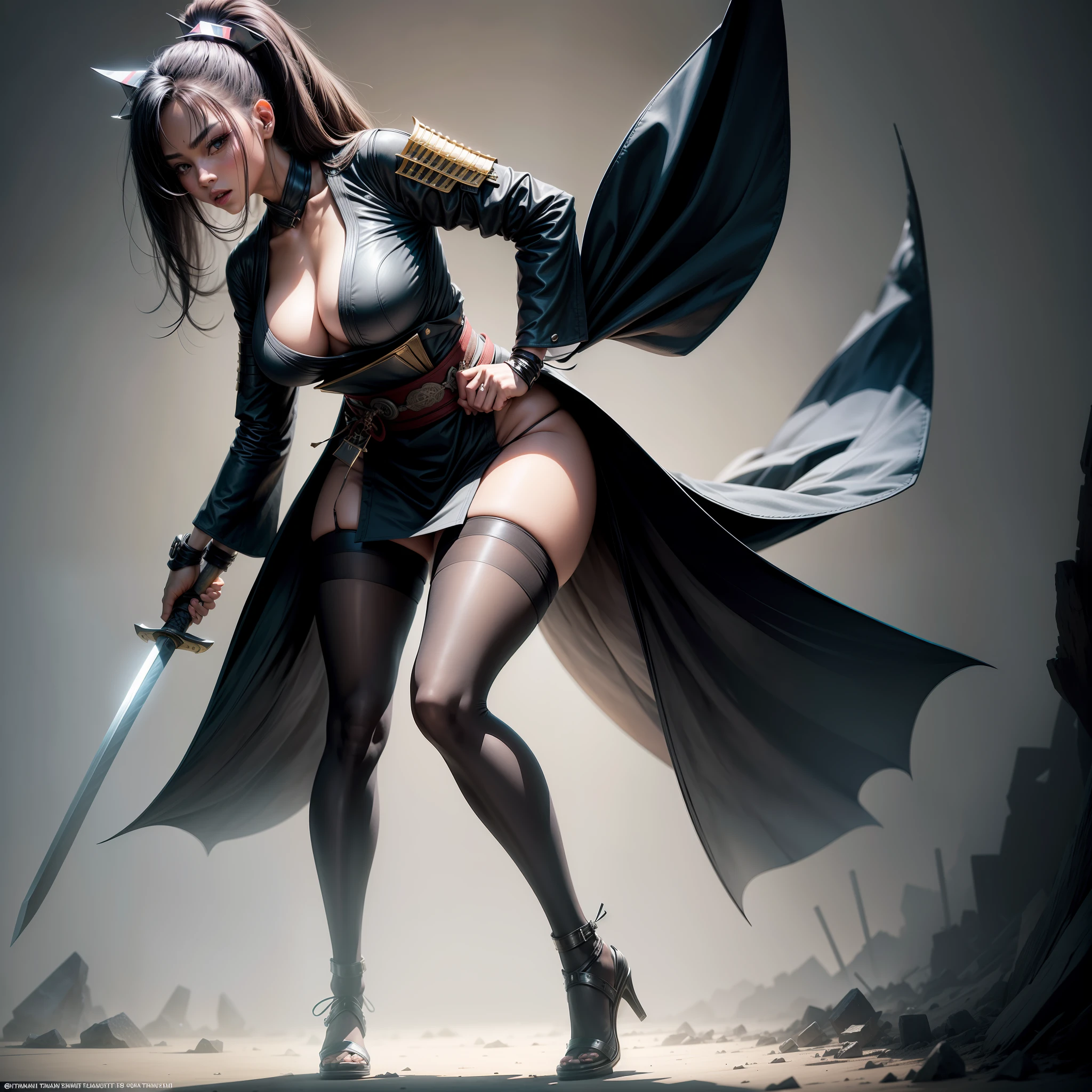(Full body shot:1.3), Must show your face, anatomy correct, Stocking tights must be worn, The character wears any color of Japanese samurai armor and is armed with a katana ,Complex and diverse campus background,Strangling effect, High-heeled leather shoes, anklet, leg loops, collars, Heavy makeup, A shallow laugh, hyper HD, Ray traching, structurally correct, Award-Awarded, high detal, lightand shade contrast, Face lighting,cinmatic lighting, tmasterpiece, super detailing, high high quality, high detal, best qualityer, 16k