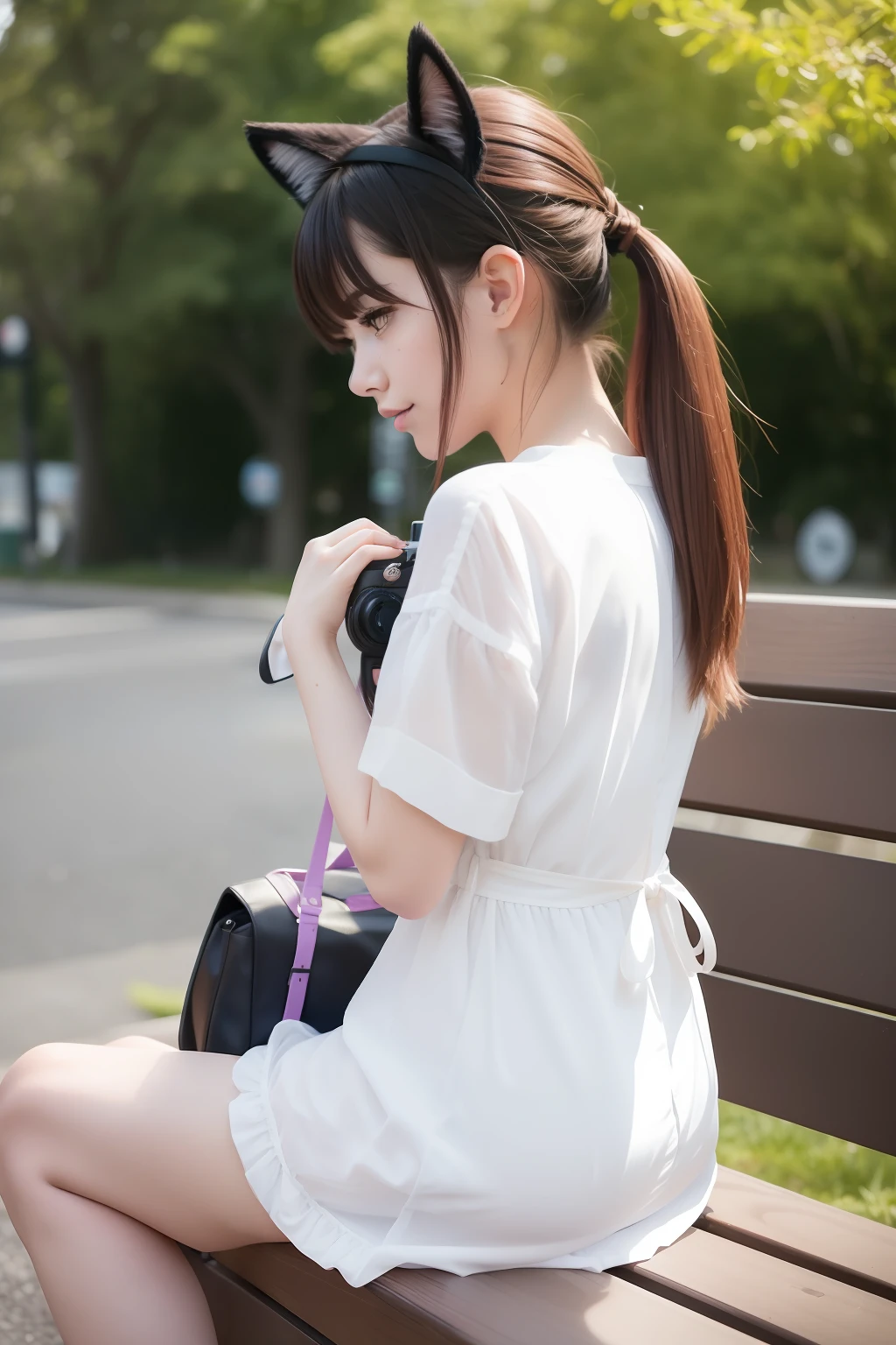 There is a woman sitting on a bench with a camera, very beautiful cute catgirl, ulzzangs, cute kawaii girl, girl with cat ears, Belle Delphine, Anime girl with cat ears, profile image, ruan cute vtuber, sakimichan, real life anime girl, attractive cat girl, profile photo, young and cute girl