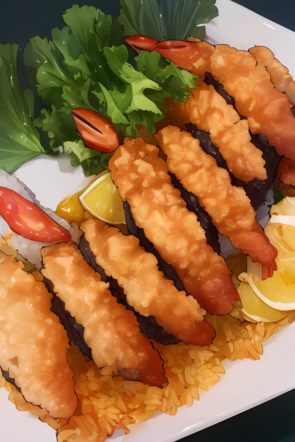 ((Best Quality)), ((Masterpiece)), (Detailed), Ultra Detailed,
no man_humans, food_focus, food, rice, shrimp, Yellow_Background, fish, Benedict, yet_life, tempura, omelette, sushi, vegetable, meat