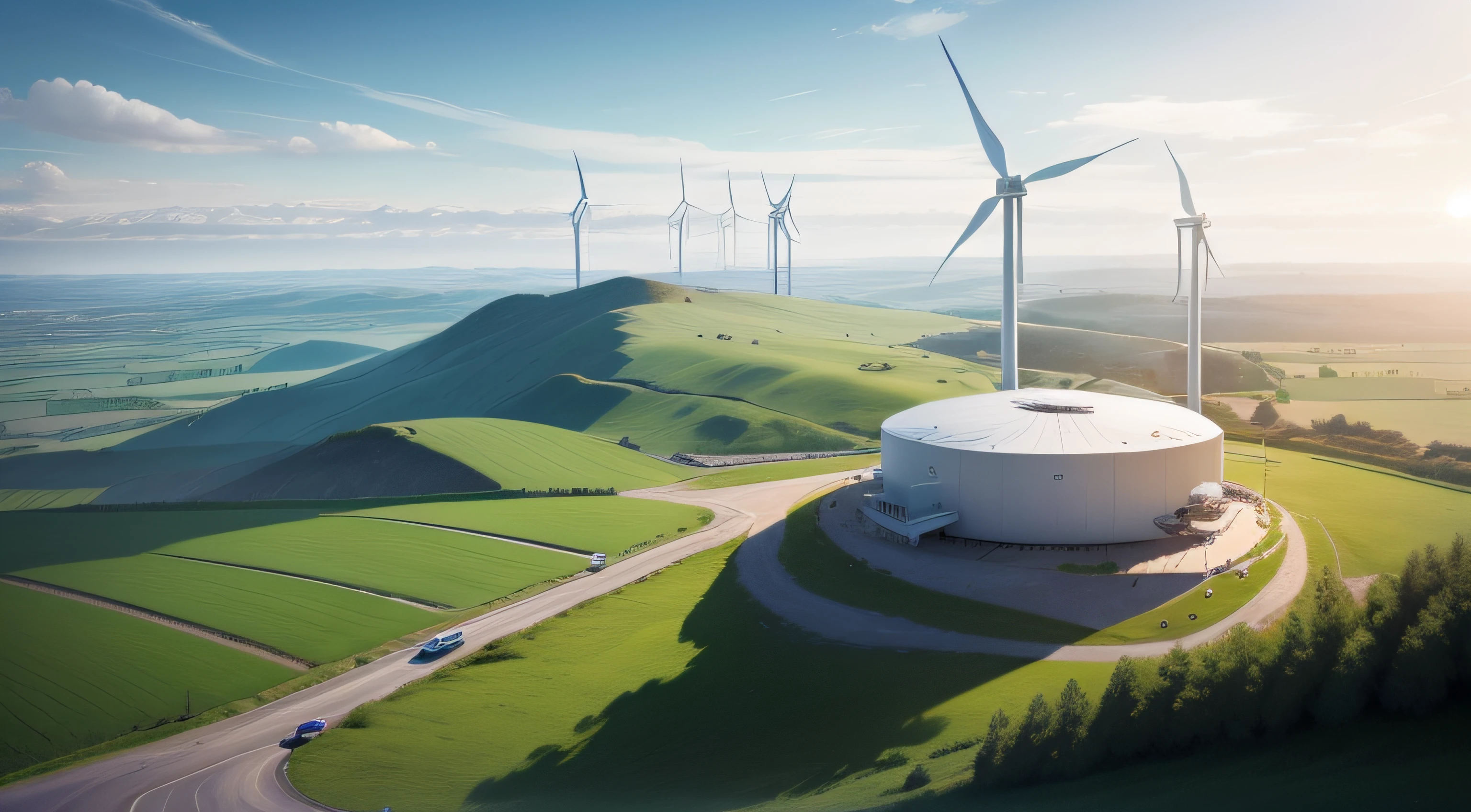 Wind turbine farm power generator in beautiful nature landscape for production of renewable green energy is friendly industry to environment