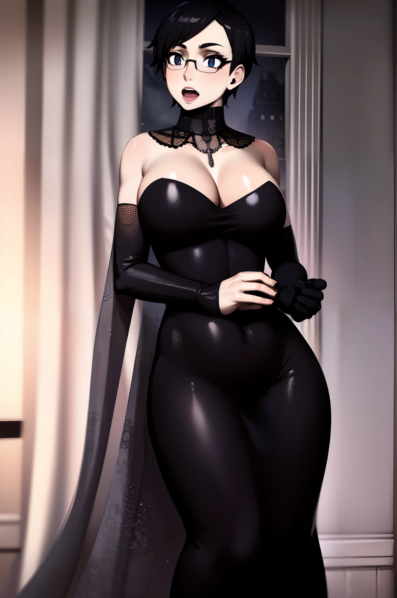 Cheveux courts, long dress, chiffons noirs, tomboy, cheveux noirs, maquillage, Goth, verre,sein moyen, christian, Croix latine, seul, forest, full clothed, victorian cloths, Jupe longue, marche, portait, corps entier
