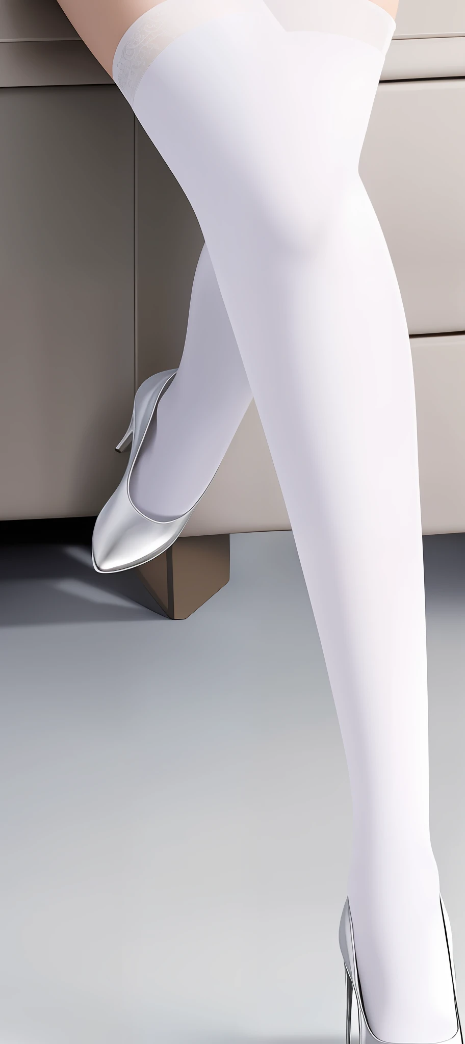 A pair of long legs， white stockings，Silver metal pendant，realisticlying，closeup cleavage