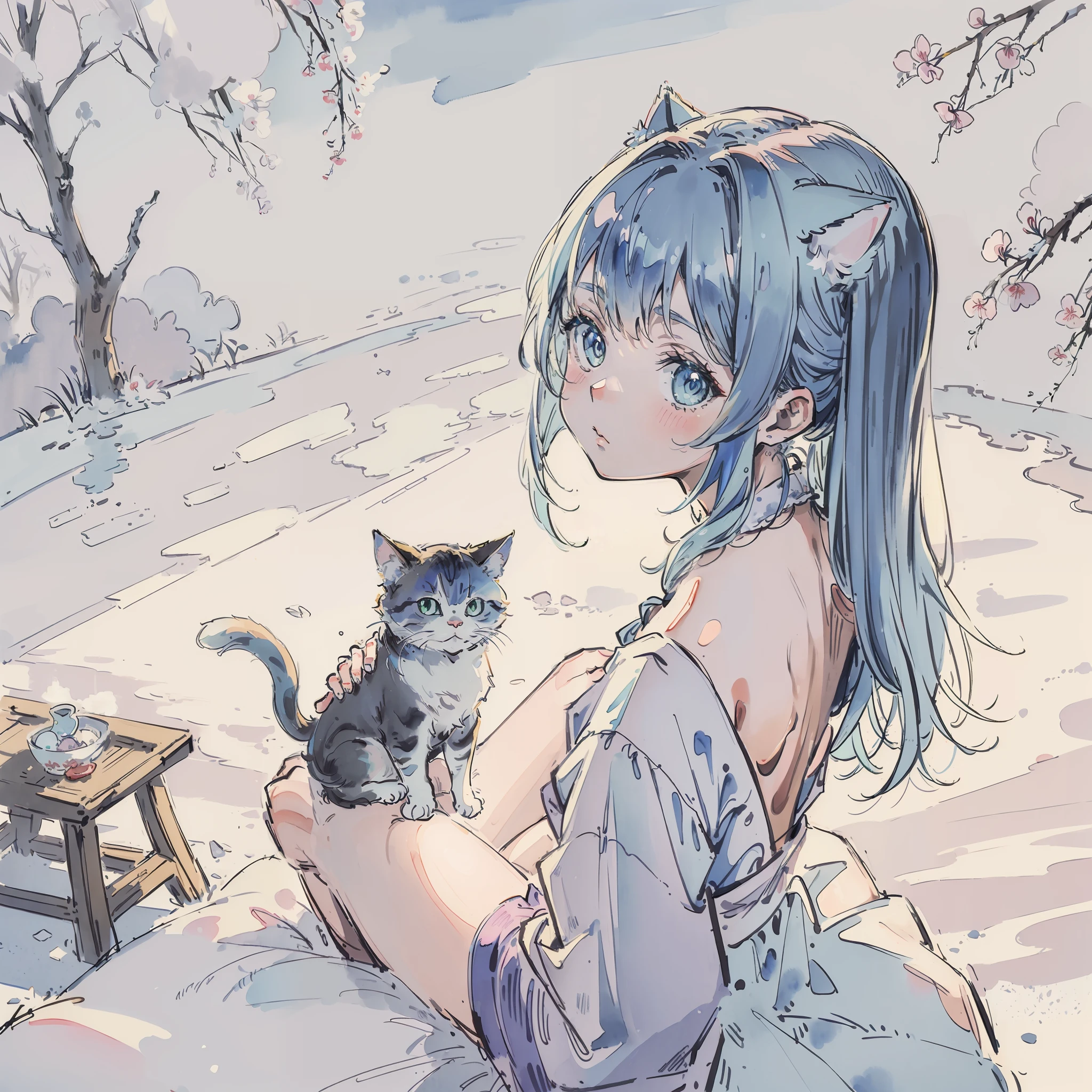 (Best quality1.2、masutepiece)、(watercolor paiting)、A stunning、((Take a cute cat))、kawaii、Light blue hair(Iridescent hair 1.2)、backstreet