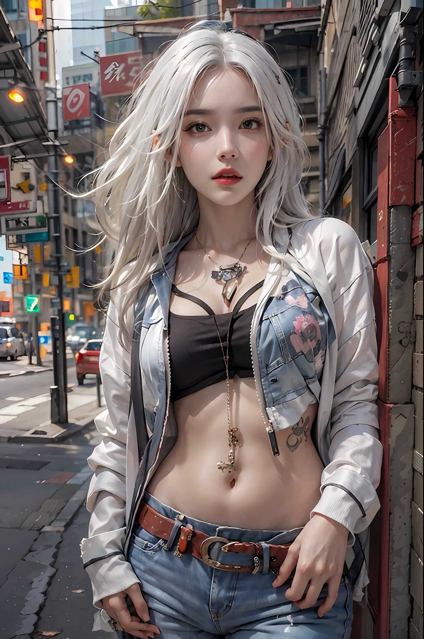 photorealistic, high resolution, 1women, solo, hips up, look at viewer, (detailed face), white hair, long hair, street wear, jewelry, belly tattoo