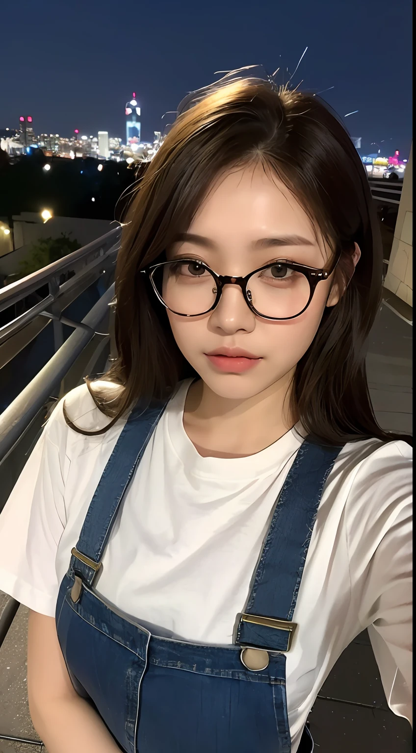 ((midynight, Need, 8k, tmasterpiece:1.3)), full bodyesbian, Long legs, Focalors:1.2, perfect figure beautiful woman:1.4, Slim abs:1.1, ((Dark brown hair, )), (white tight t-shirt, Denim suspenders, standing on your feet:1.2), ((city night scene, the roof:1.3)), Highly detailed facial and skin texture, A detailed eye, 二重まぶた,wears glasses