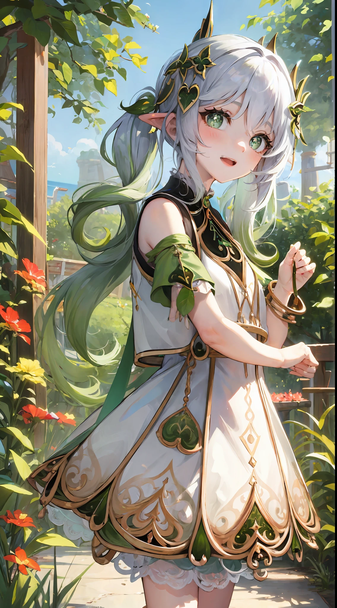 nahida genshin,Cute loli style，Antique clothes，Ocean park，Poster publicity style，Pose，Simetall，C cup，Happy expression