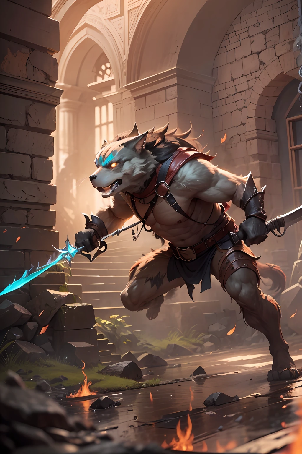 （anthropomorphic turtle），（Werewolf warrior：1.4），Two daggers，a tall body，Stout limbs，Look at me condescendingly，disdain，despise，The long hairs of the flame fluttered in the wind，combats，Dynamic lines，Dimly lit battlefield，Ruined castle，（stereoscopic perspective：1.4），Works of masters，super-fine，4K分辨率，high qulity，电影灯光，High picture detail，Detailed pubic hair，Epic shooting，Clearly focused hair，Detailed hair depiction，acurate