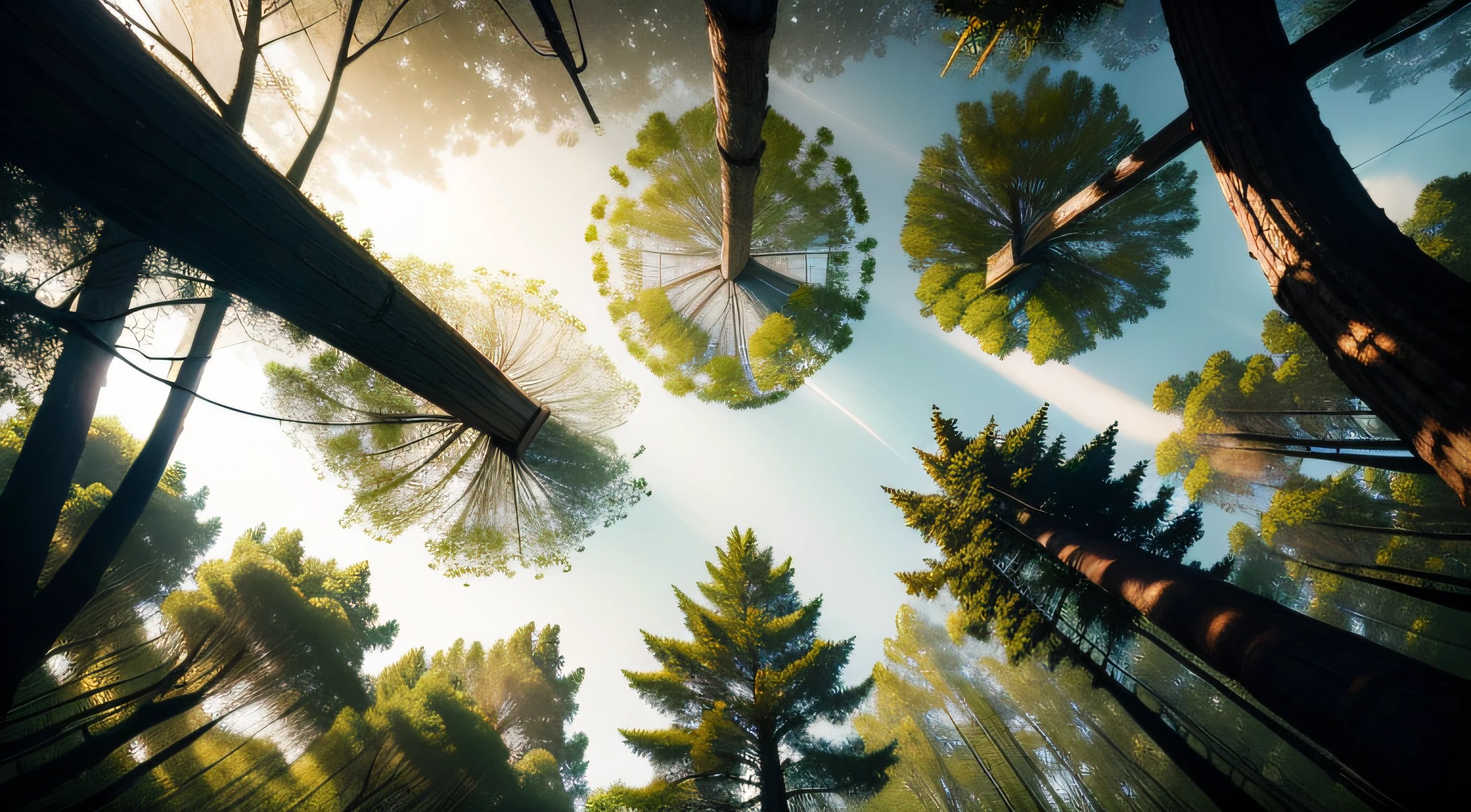 Abstract photographs of treetops in forest being lit by the afternoon sun with dark shadows beneath