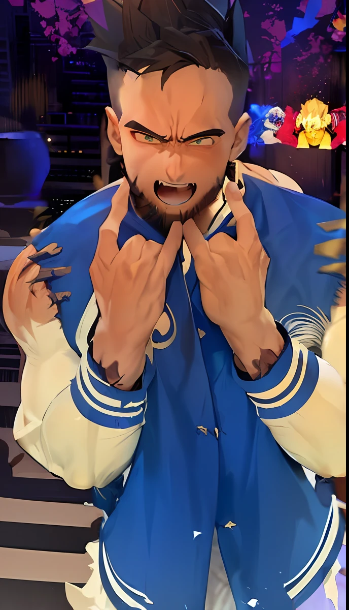 son goku, 1boy, angry, battle damage, blonde hair, blue sash, clenched teeth, furious, green eyes, male focus, muscular, muscular male, pectorals, sash, solo, spiked hair, super saiyan, super saiyan 1, teeth, topless male, torn clothes, wristband, ((masterpiece))