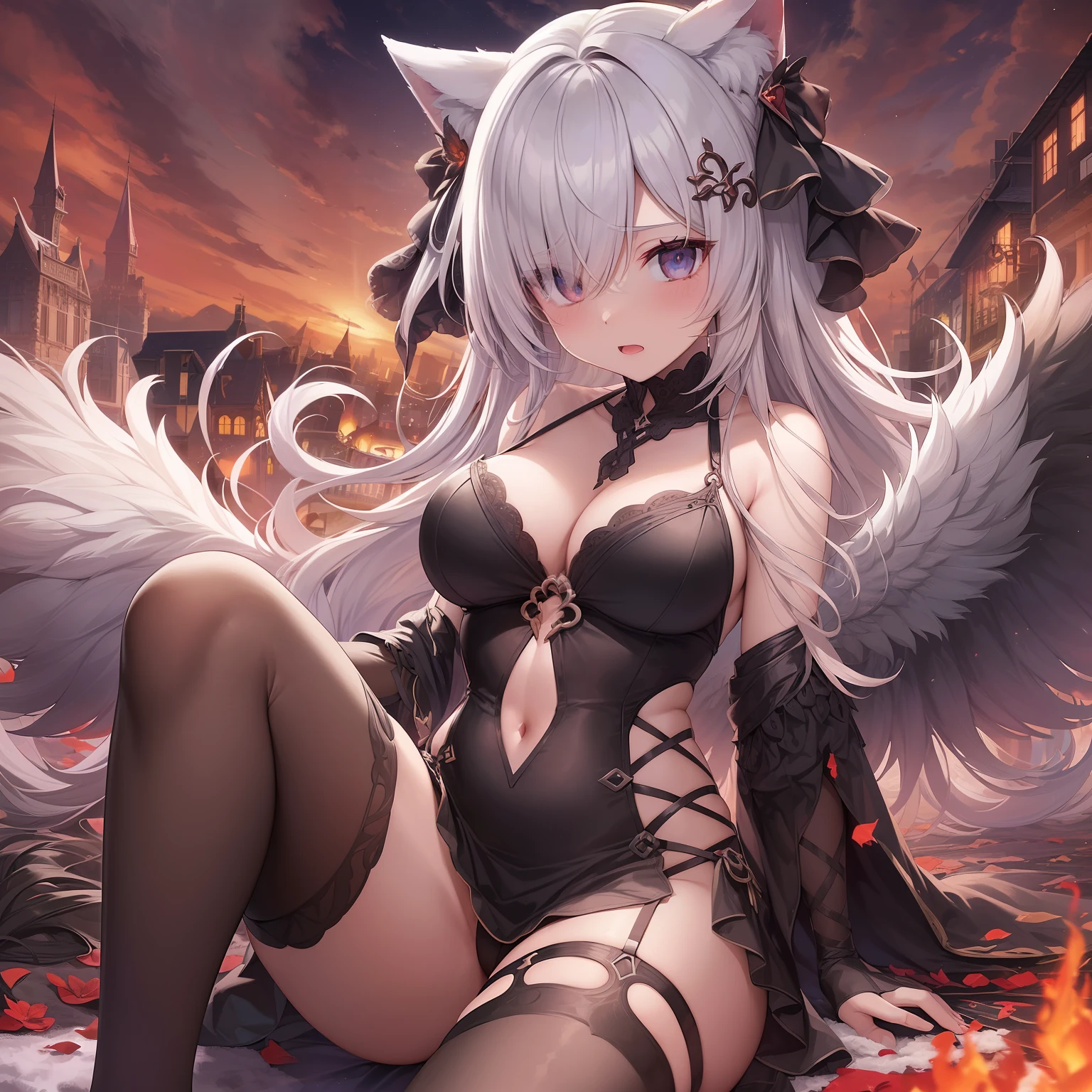 (masutepiece,1girl in,Solo,Cat ears,Twin-tailed, Hair over one eye, Diabolical_Wings,huge tit, Blue_Eyes, blush,Open mouth, low wings, legwear very, black thighhighs)| (Clear as the sky On a midwinter night And as deep as a stormy sea I hear whispers inside Hunger devouring me Please, My heart, To be free Far away Than at night From the day I reach for your real embrace My shadow Memories pass through the veil of my mind and fail Here at the end of our time Because indeed the sun rises Beyond the blood-red sky I'm on my way The break of the day comes Dark as night So my heart, We sadness tempers my soul this, My heart, I know The yarn was spun By the indomitable hand The Norns laid my way So that the seed must grow Withered leaves must be let go To be buried under the snow Because indeed the sun rises Across the blood-red sky I'm on my way A break for the day is coming Wrapped in doubt When I leave for the shore It's cold and unfriendly, but the horizon calls the way, way, Selfish waves I will follow you home And disappear into the unknown Indeed as the sun rises Beyond the blood-red sky I'm on my way The break of the day comes Dark as night So my heart, We sadness tempers my soul this, My heart, I know doomed weaver to your will I need to fold oh, Old wisdom I ask you, Release My Heart. Immortal temptations take over my heart Condemned Weakened on my knees, Summoning Strength of Mayhem I am an approaching storm Provokes isolated black clouds I am the retriever of my name Born in flames, I am blessed My family crest is an abandoned death demon, I woke up Phoenix ashes in the dark god Descending misery Fate to chase time Inherit nightmares, Surrounded by fate Can't escape Continue to walk the border between the lights Led by a lost child Walk through an empty hall I will not surrender 5r The resurrected truth with the eyes of embers We fight through fire and ice