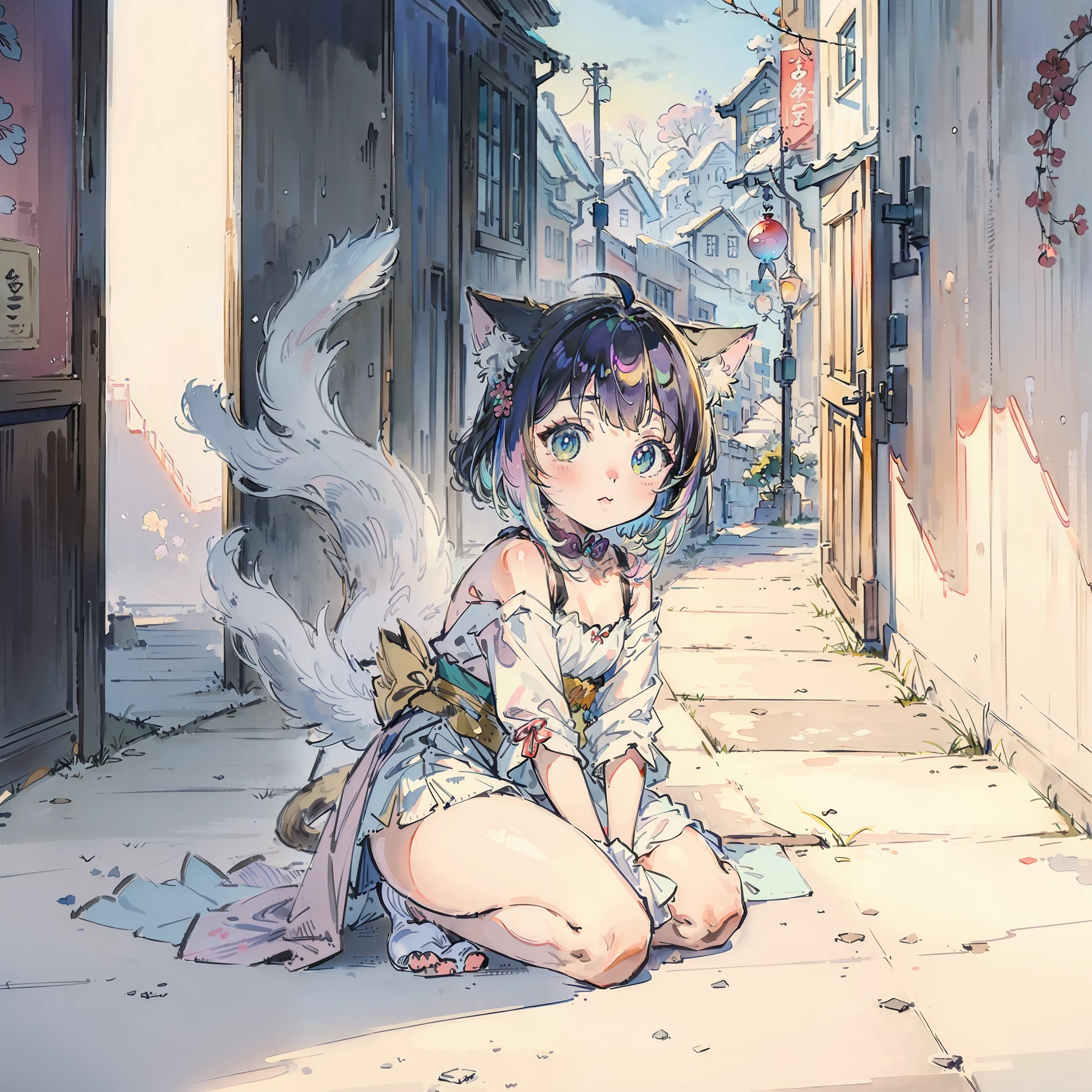 (Best quality1.2、masutepiece)、(watercolor paiting)、A stunning、((Take a cute cat))、kawaii、(Iridescent hair 1.2)、backstreet