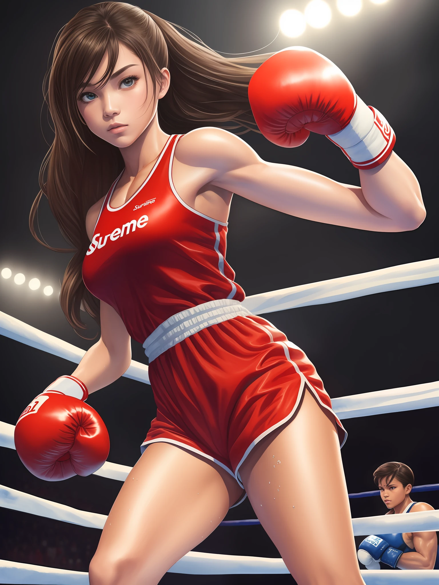 Solo, Full body,  (masterpiece, top quality, highest quality, official art, beautiful aesthetics: 1.2), (1 girl: 1.3), long hair,  supreme detail, (watercolor: 1.3), boxing uniform,small head,large breasts,trained abs,nice legs,wet skins,sweat,in boxing  venue