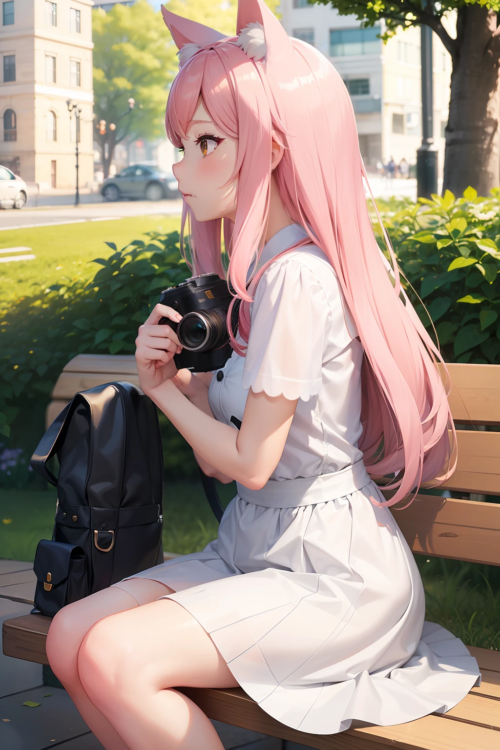 There is a woman sitting on a bench with a camera, very beautiful cute catgirl, ulzzangs, cute kawaii girl, girl with cat ears, Belle Delphine, Anime girl with cat ears, profile image, ruan cute vtuber, sakimichan, real life anime girl, attractive cat girl, profile photo, young and cute girl