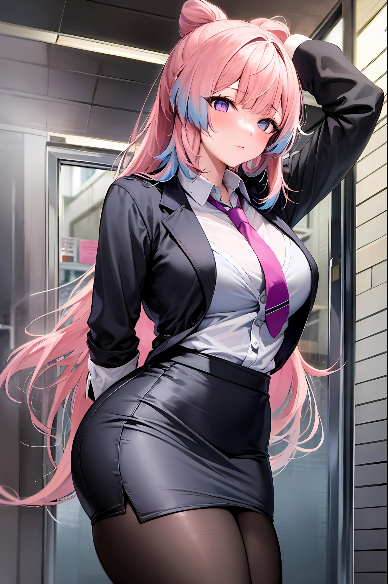 best quality, masterpiece), 1girl, pink hair, purple eyes,  garter straps, pencil skirt, office lady, black bra, necktie, collared shirt, leaning back