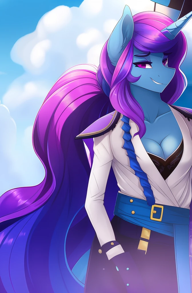 Licorne, Capitaine pirate, sourire, sur un navire, femelle, couleur violette, long mane in three shades of blue that ends in a ponytail, Tenue de pirate, chapeau de capitaine pirate.