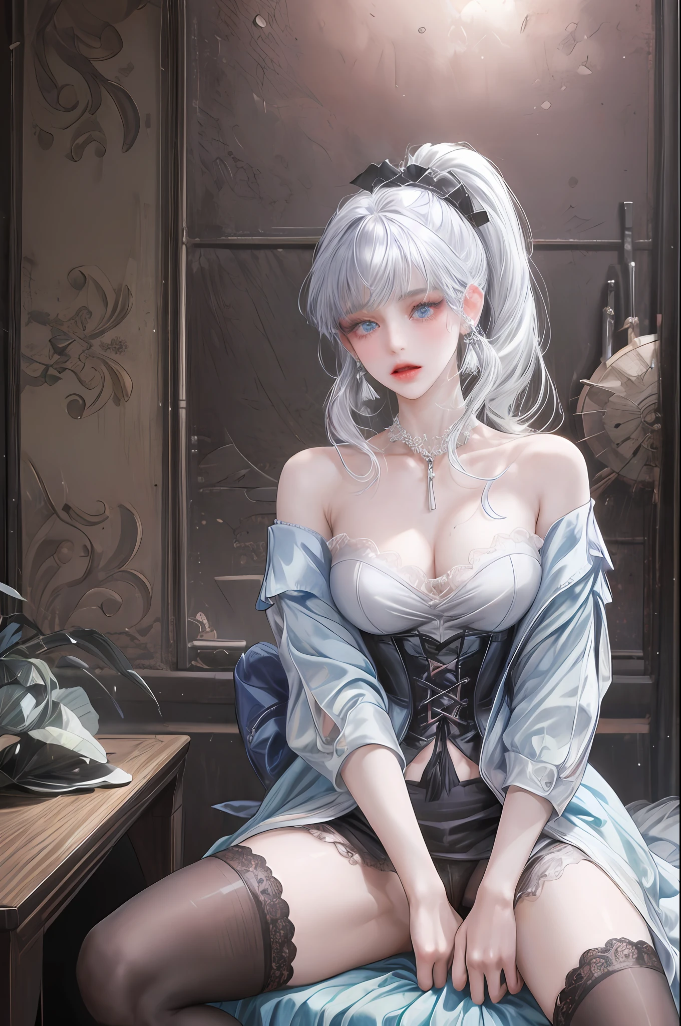 (masterpiece, best quality:1.4), highres, colorful, vibrant image, sharp focus, highly detailed, intricate, digital art, HDR, 8K, Kitami Reika sits on table and spreads her legs, panties focus, medical room, summer afternoon complex blackground, near window with blue sky, (tricky glance:1.1), looking at viewer, (full body shot:1.1), White hair, high ponytail, lipstick, makeup, black eyeshadow, smokey eyes, detailed hair, ultra detailed face, blue eyes, perfect eyes, perfect face, jewelry, cross earrings, blush, open mouth, black corset mini dress, lace panties, bare shoulders, black thighhighs, undressed lab coat, pump shoes, mature female, 40yo, curvy, (Large Breasts:1.1), cleavage,