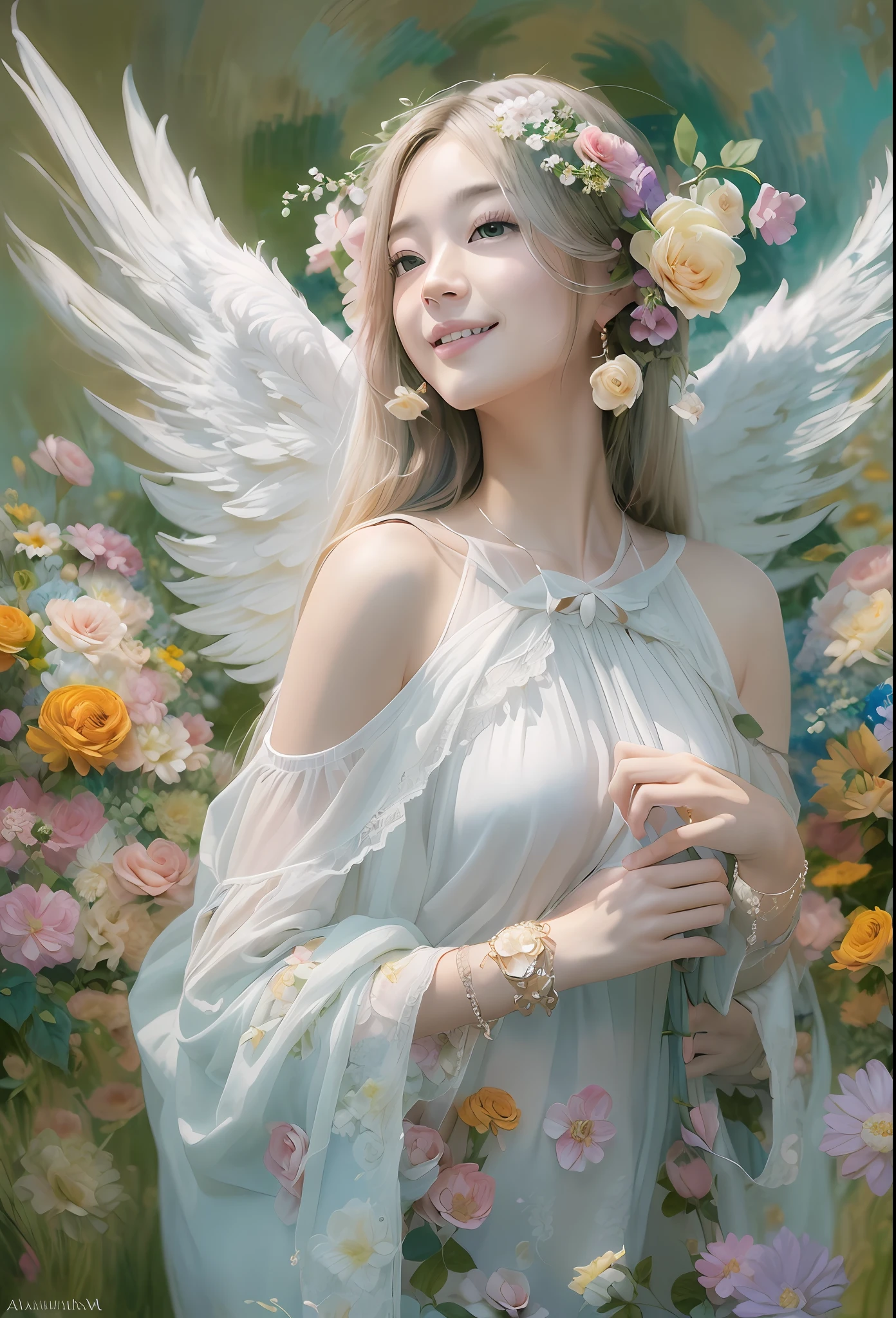 (Angel wings、😇、a smile、😌🥰Archaic Smile).hyper realstic、Ultra-realistic、Depiction of the human body without distortion、Monna Lisa、Woman in the Arms、Near and far law、Three-dimensional、Contemporary painting、moderno、world masterpiece、collection、Homage to the art or artist work of Picasso and Renoir, Not sentimental、Excellent portrayal、Gentle expression、More detailed character faces, Serious competition、Compositions like paintings、(Konmutsuki_Gacha_Series 1, punk_rosette), Realistic、Delicate brushwork、aqua color flowers, (Full body, elegant flowers background)
