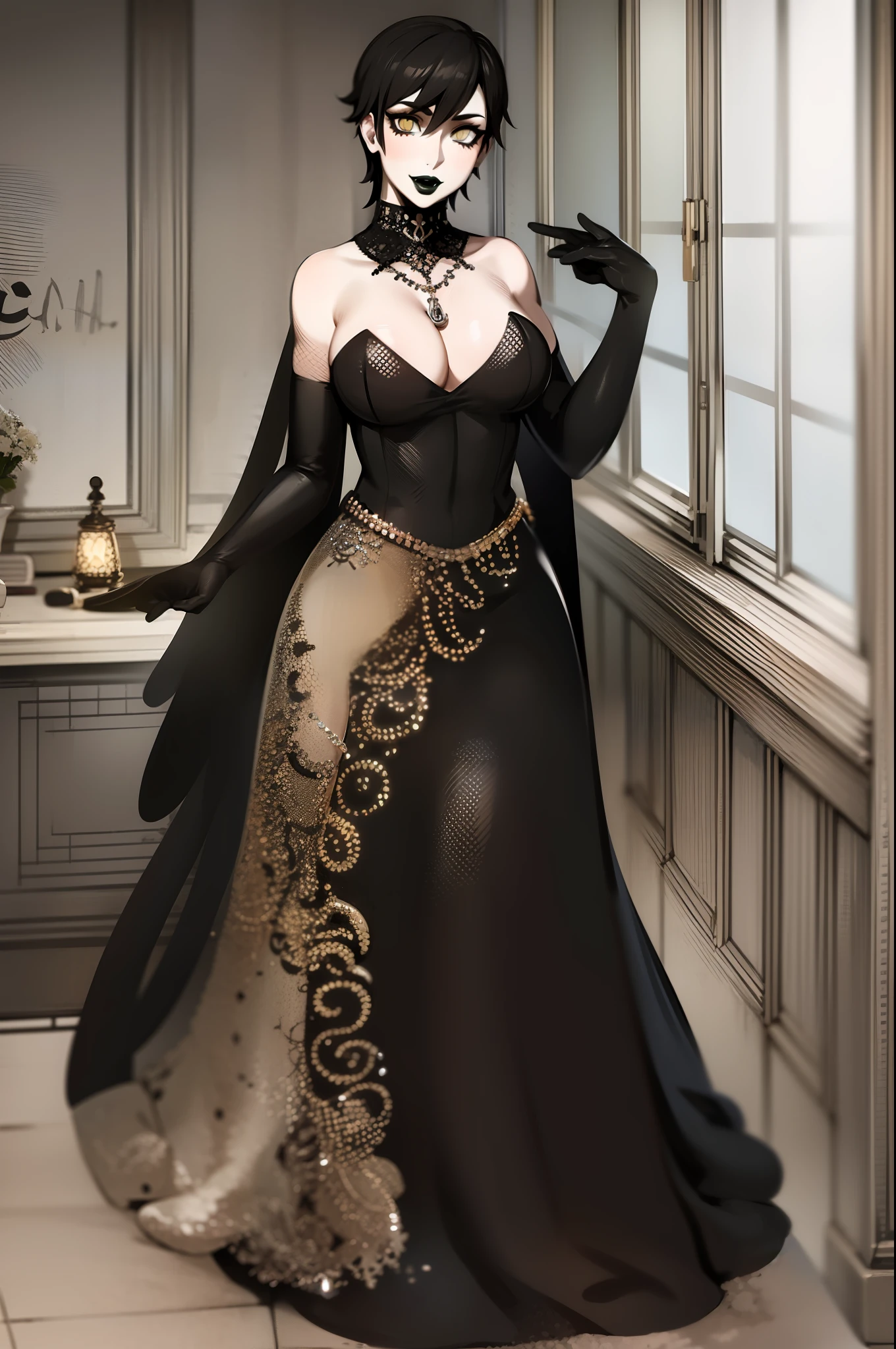 Cheveux courts, long dress, chiffons noirs, tomboy, cheveux noirs, maquillage, Goth, verre,sein moyen, christian, Croix latine, seul, forest, full clothed, victorian cloths, Jupe longue, marche, portait, corps entier, black lips