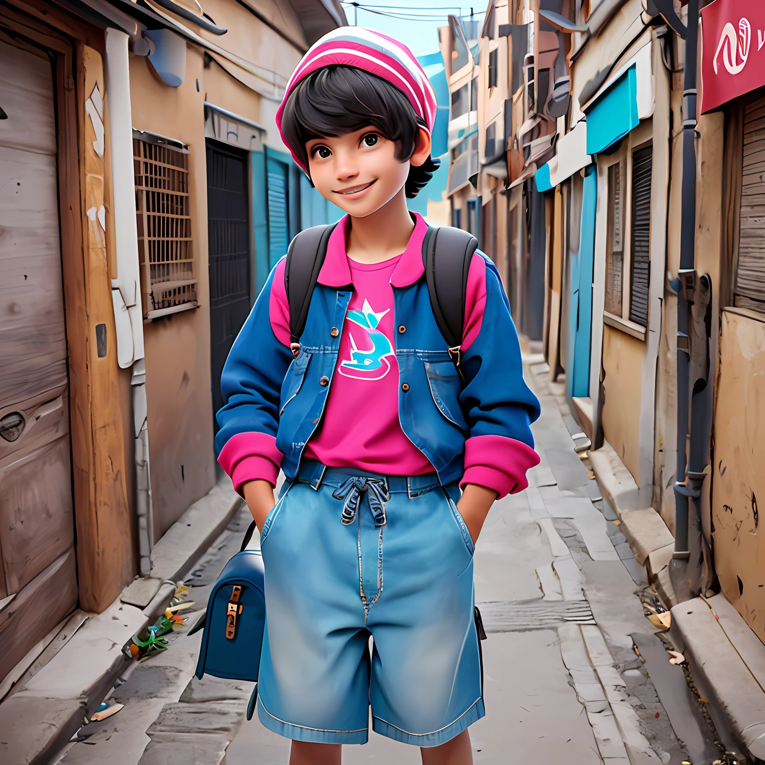 um menino jovem, touca, capuz, bonnet, cabelo colorido, roupas leves, mochila, fone de ouvido, corpo inteiro, The background is filled with an urban tone, evoking a sense of lightness and happiness.