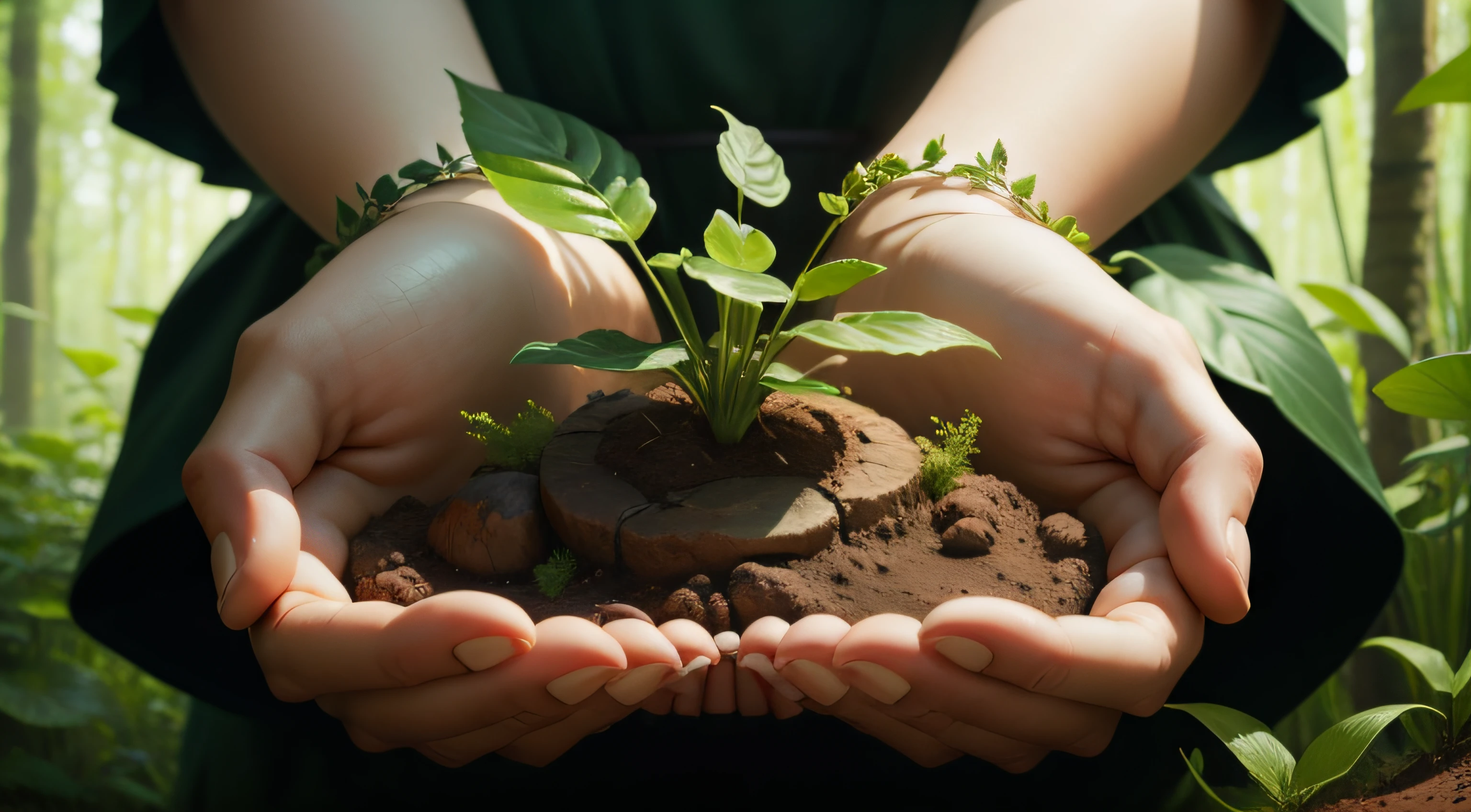 Plant in Hands. Ecology concept. Nature Background