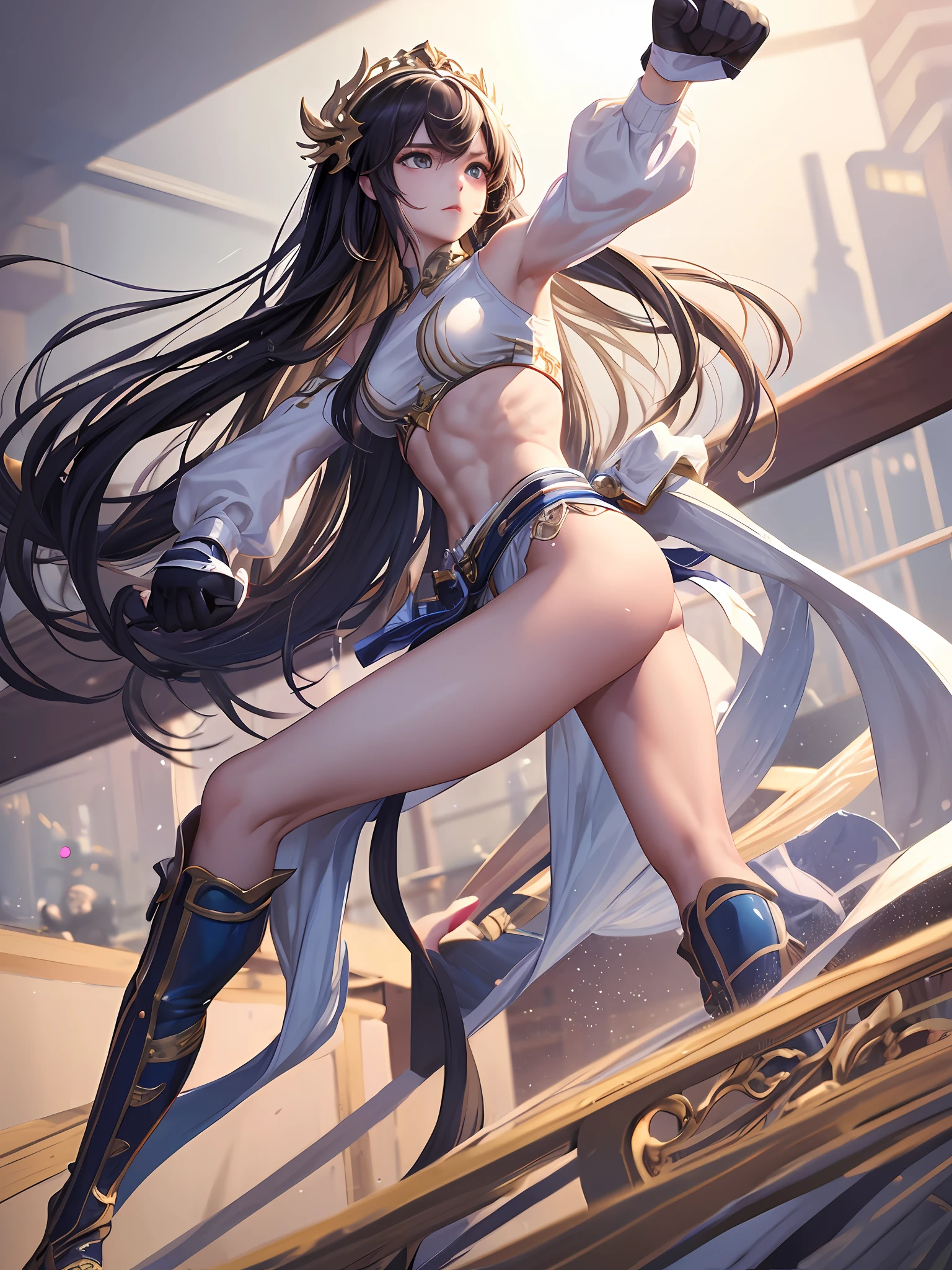 Solo, Full body,  (masterpiece, top quality, highest quality, official art, beautiful aesthetics: 1.2), (1 girl: 1.3), long hair, ex (watercolor: 1.3), boxing uniform,small head,large breasts,trained abs,nice legs,wet skins,sweat,in boxing  venue