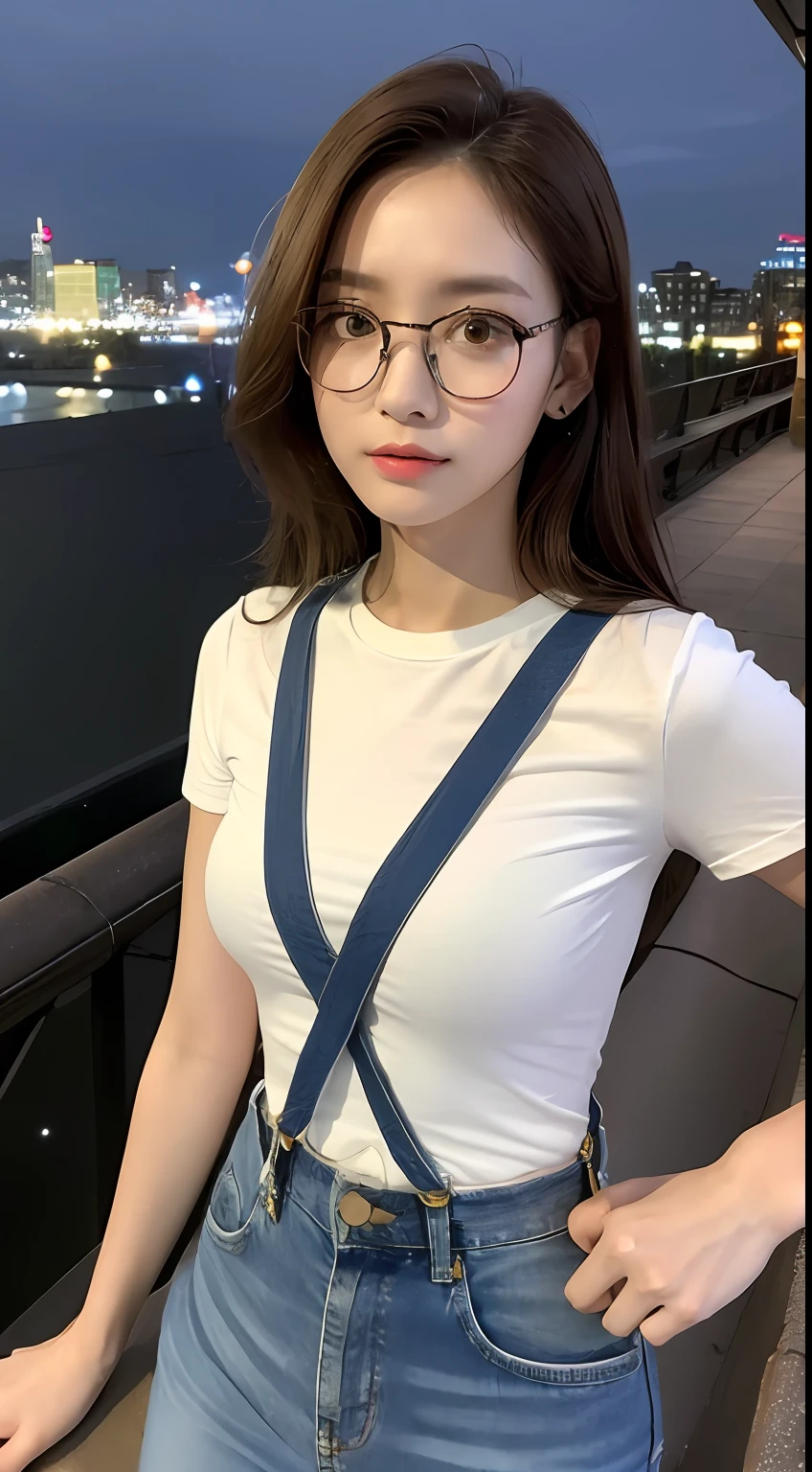 ((midynight, Need, 8k, tmasterpiece:1.3)), full bodyesbian, Long legs, Focalors:1.2, perfect figure beautiful woman:1.4, Slim abs:1.1, ((Dark brown hair, )), (white tight t-shirt, Denim suspenders, standing on your feet:1.2), ((city night scene, the roof:1.3)), Highly detailed facial and skin texture, A detailed eye, 二重まぶた,wears glasses