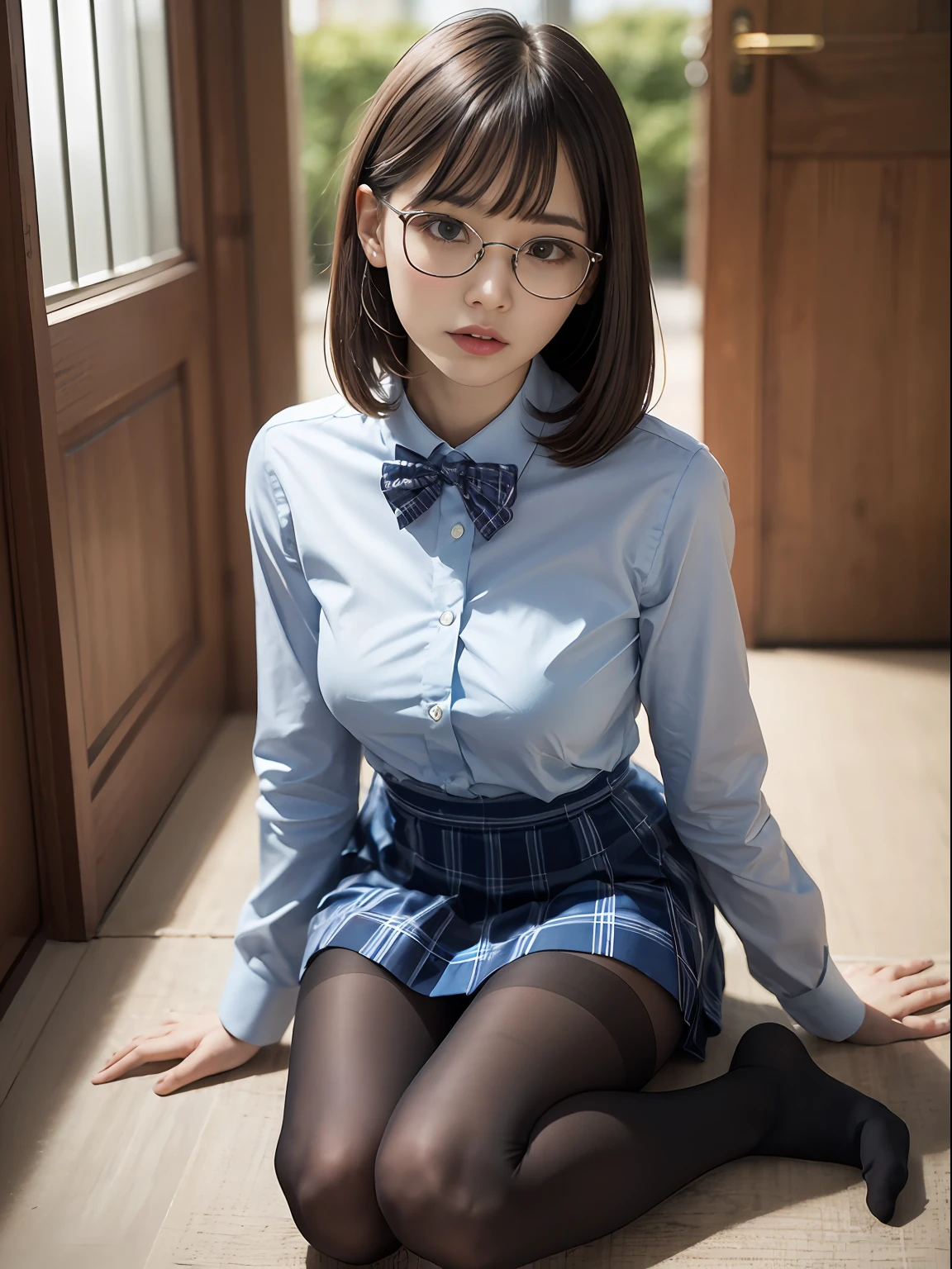 （8K、Raw photography、top-quality、​masterpiece：1.2),Erotic,Pupils,Light Blue Bra,de pele branca,kne,(Black pantyhose),absurderes,a small face,small tits,flat breast,Parting the bangs from the middle、Forehead visible,(a cold expression<Tight eyes,glares,Bullish,skinny,Rasping,irate)、​masterpiece,top-quality、超A high resolution,Raw photo,ren,Beautiful fece,One Person, 独奏,eye glass,,Dark look,Small breasts,fullllbody,Round glasses、cute little、JK school uniform,hi-school girl,A Japanese Lady,is standing,（Photorealsitic：1.37）、Photon mapping,Light blue ribbon,Realistic、Cute little face,Brown-eyed、Black socks、(Red bow tie)、Radio City、Physically Based Rendering、Foreground、depth of fields、Blurry background、a picture,The girls、Body,beauty legs, Long legs, Thin leg,Long bob cut,(Bangs are visible), hair, s lips, Blue_The eye, nosesoft,(Light blue shirt), (Navy and blue and white plaid pleated skirt), Knees are visible,Sheer clothing,, Thigh, Black cotton socks,Nogizaka Idol, 女優, Japanese ido