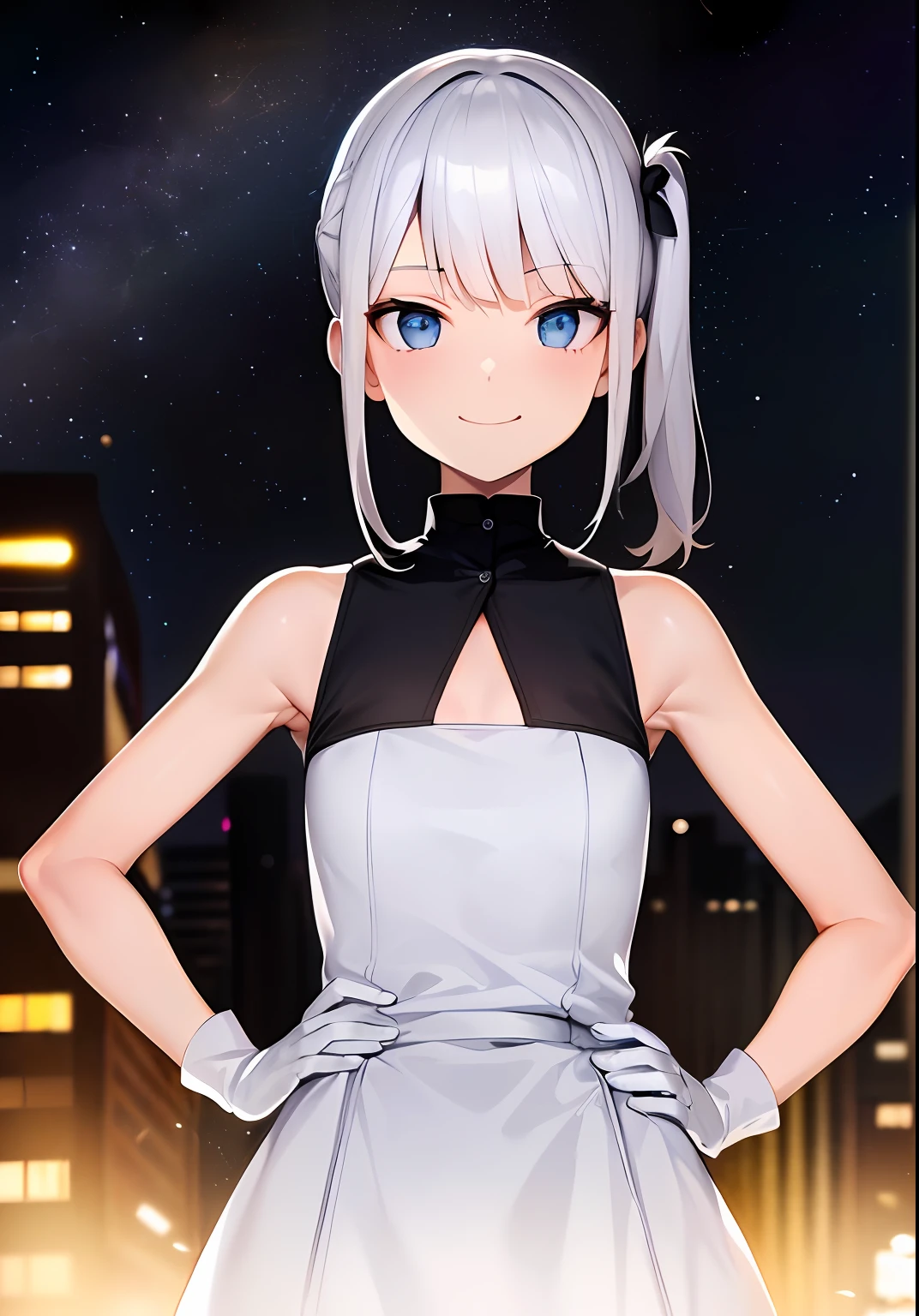 1girl, solo, absurdres, best quality, (smug smile:1.2), white hair, blue eyes, sleeveless dress, hair ornament, black dress, short, side ponytail, long hair, outdoors, nighttime, night, city, stars, starry sky, small breasts, flat chest, white gloves, white stockings, (hands on hips:1.2), (portrait, straight on, POV, looking at viewer, upper body:1.3)