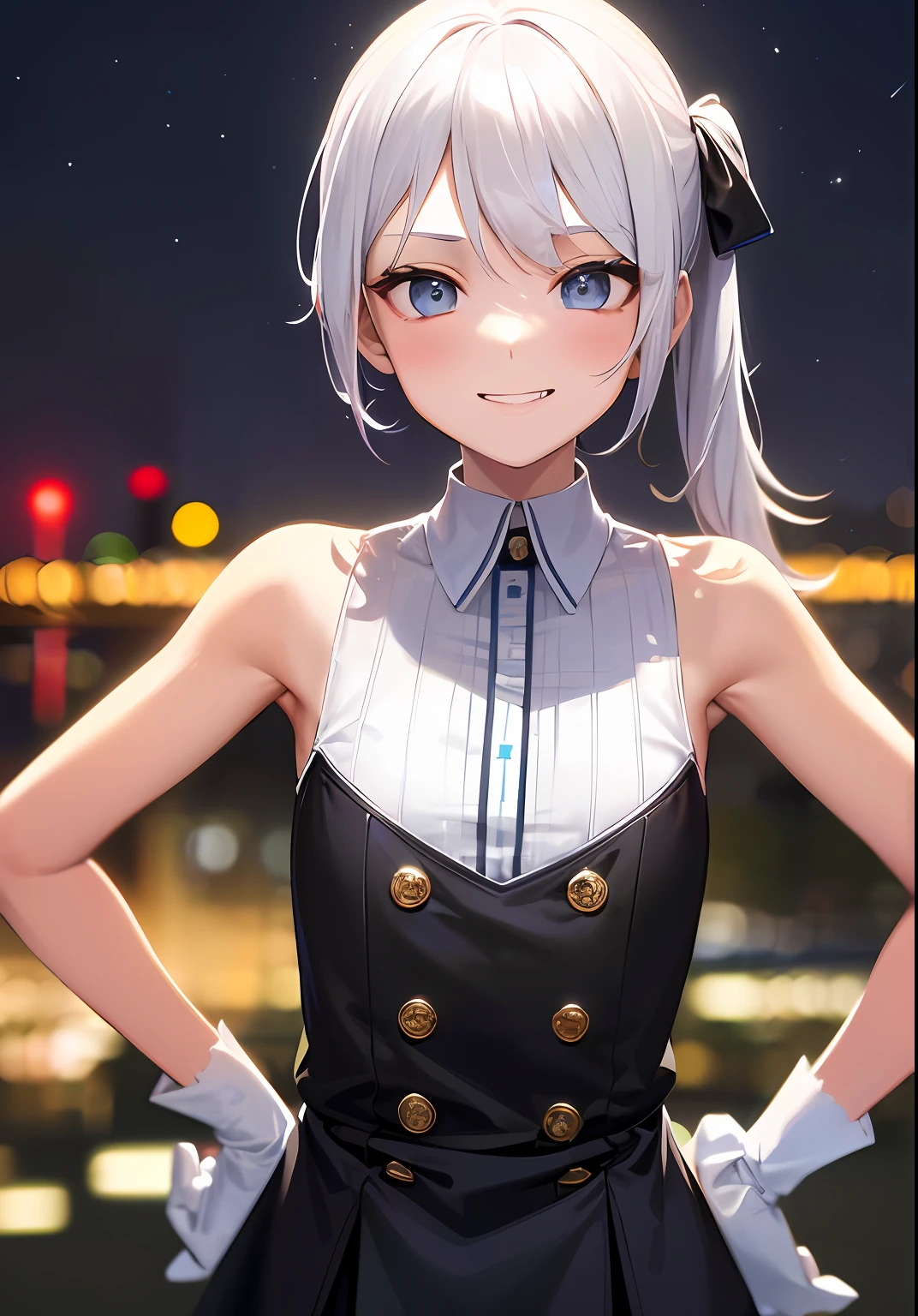 1girl, solo, absurdres, best quality, (smug smile:1.2), white hair, blue eyes, sleeveless dress, hair ornament, black dress, short, side ponytail, long hair, outdoors, nighttime, night, city, stars, starry sky, small breasts, flat chest, white gloves, white stockings, (hands on hips:1.2), (portrait, straight on, POV, looking at viewer, upper body:1.3)