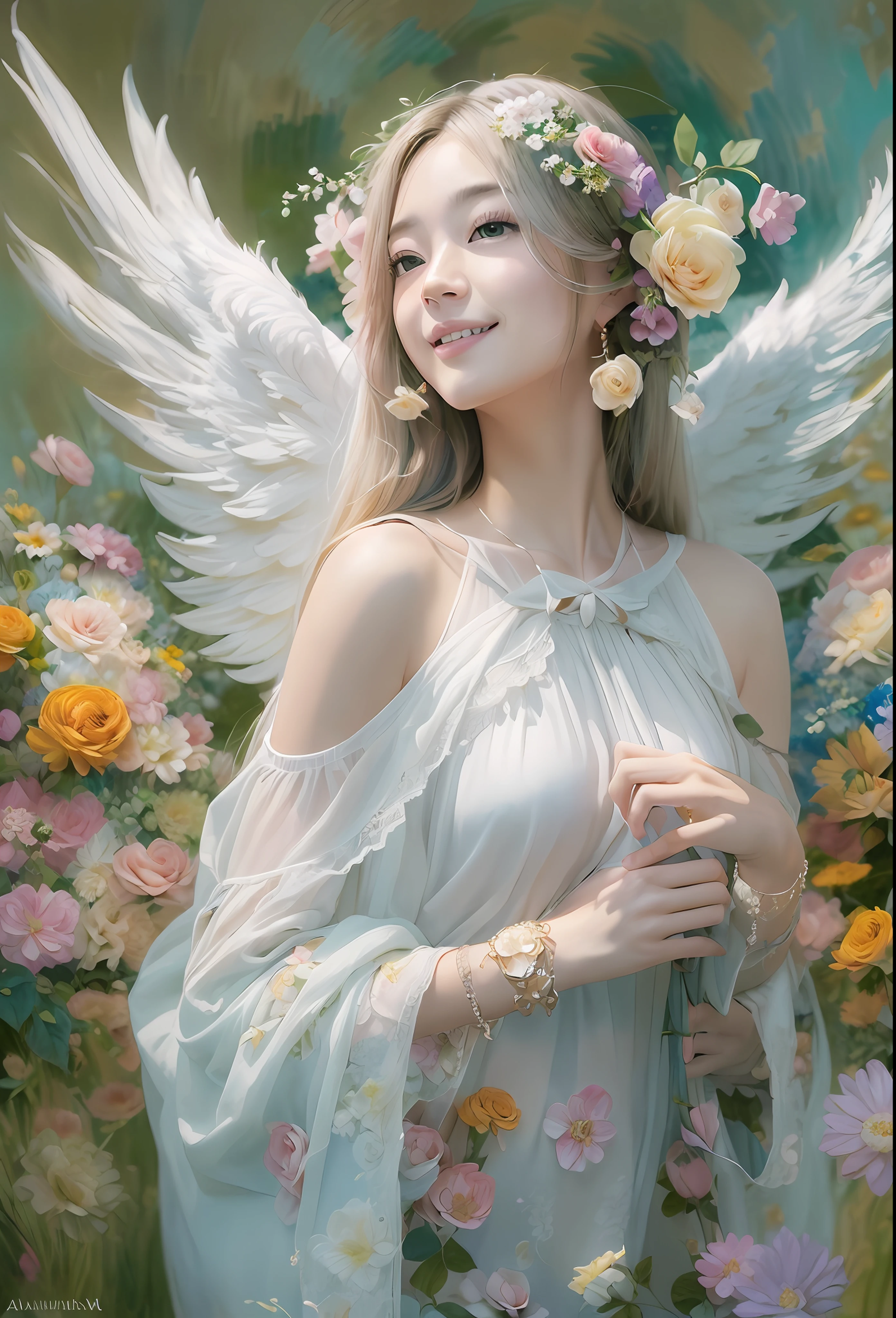 (Angel wings、😇、a smile、😌🥰Archaic Smile).hyper realstic、Ultra-realistic、Depiction of the human body without distortion、Monna Lisa、Woman in the Arms、Near and far law、Three-dimensional、Contemporary painting、moderno、world masterpiece、collection、Homage to the art or artist work of Picasso and Renoir, Not sentimental、Excellent portrayal、Gentle expression、More detailed character faces, Serious competition、Compositions like paintings、(Konmutsuki_Gacha_Series 1, punk_rosette), Realistic、Delicate brushwork、aqua color flowers, (Full body, elegant flowers background)