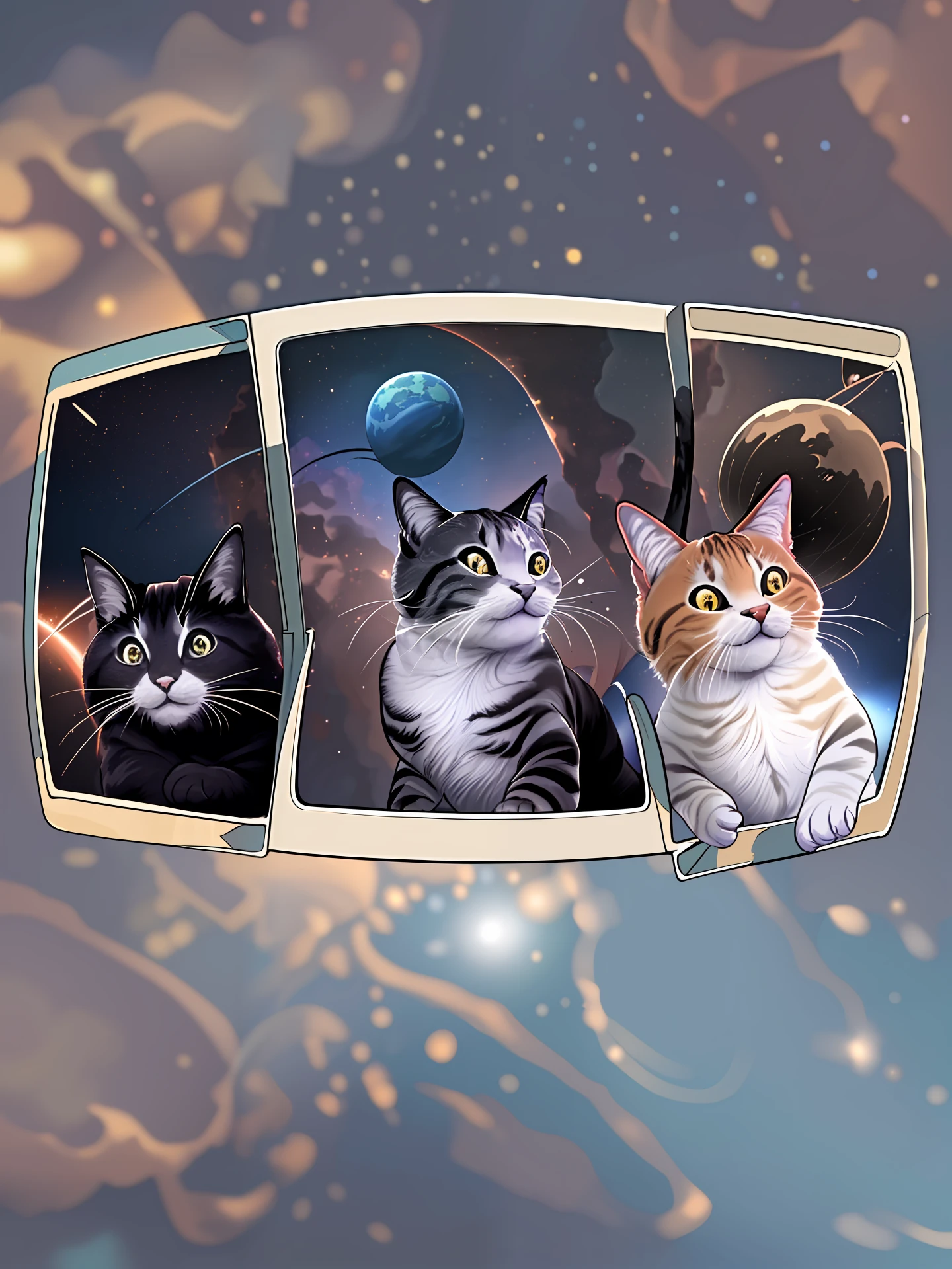 ((4k, obra-prima, melhor qualidade)), Three very happy cats exploring outer space