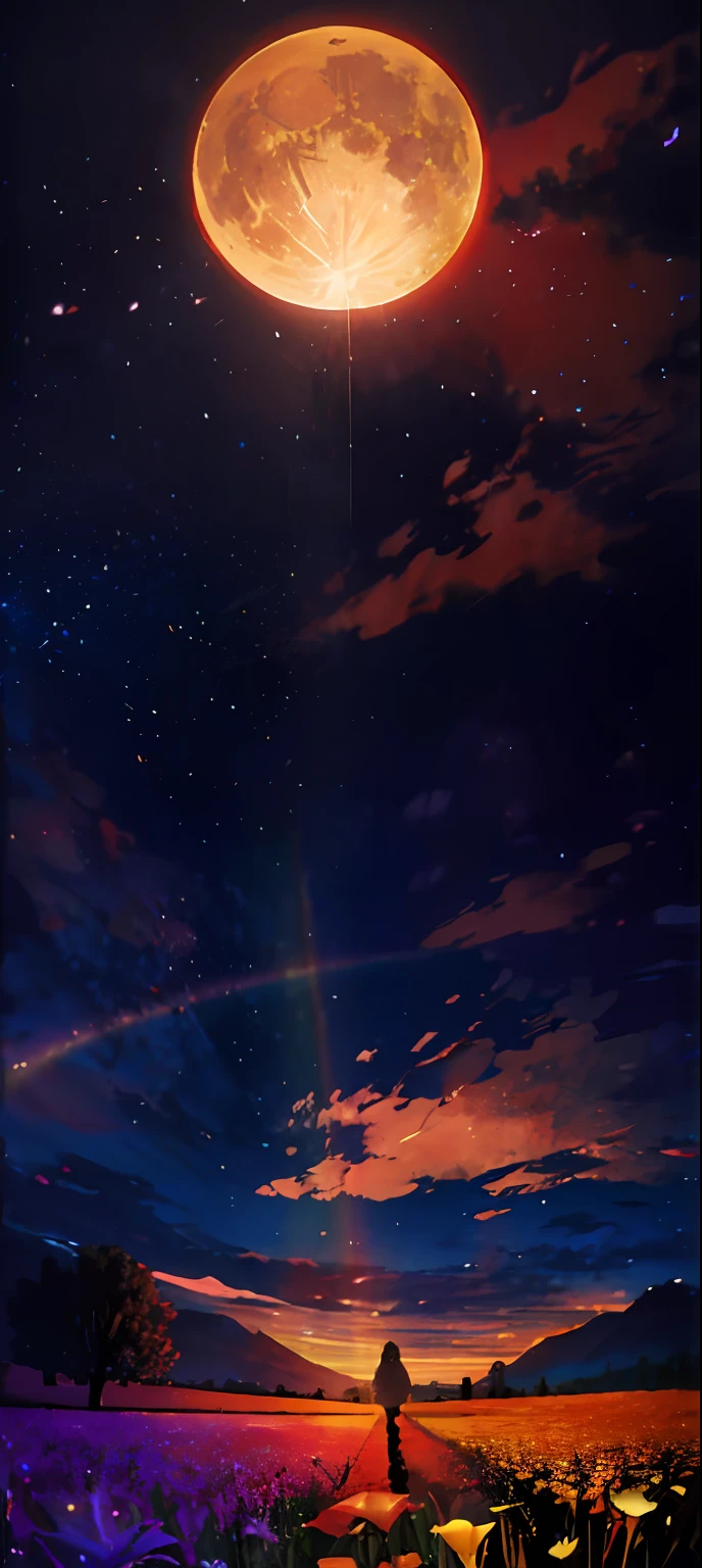 A wide landscape photo, (viewed from below, the sky is above, and the open field is below), a girl standing on a flower field looking up, (full moon: 1.2), (meteor: 0.9), (nebula: 1.3), distant mountains , Trees BREAK Crafting Art, (Warm Light: 1.2), (Firefly: 1.2), Lights, Lots of Purple and Orange, Intricate Details, Volumetric Lighting BREAK (Masterpiece: 1.2), (Best Quality), 4k, Ultra Detailed, (Dynamic Composition: 1.4), Rich in Detail and Color, (Rainbow Color: 1.2), (Glow, Atmospheric Lighting), Dreamy, Magical, (Solo: 1.2)