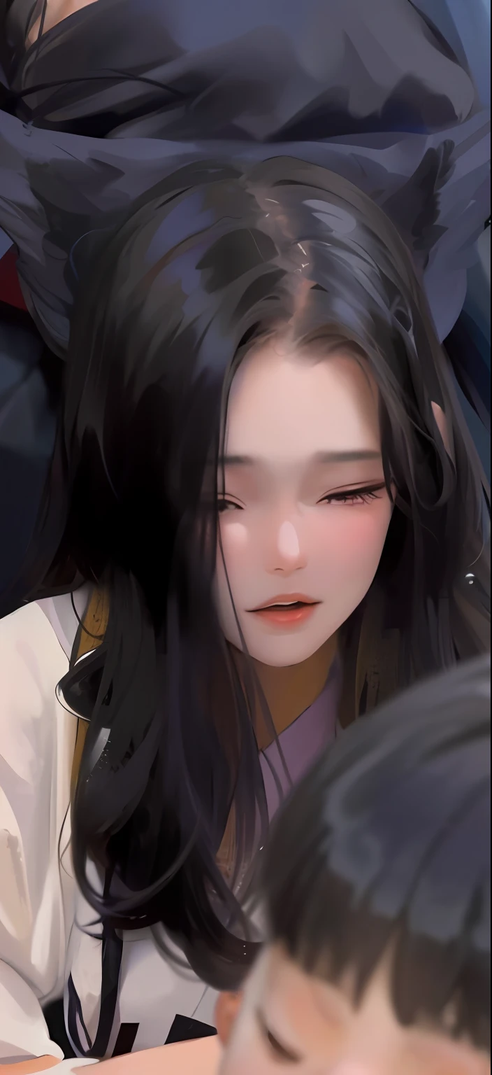 there is a woman that is looking at a cell phone, She has a cute face, she has a cute expressive face, her face looks like an orchid, Sleepy expression, wan adorable korean face, & her expression is solemn, so happy that her face hurts, young wan angel, Asian face, round cheeks, she has a distant expression, gongbi