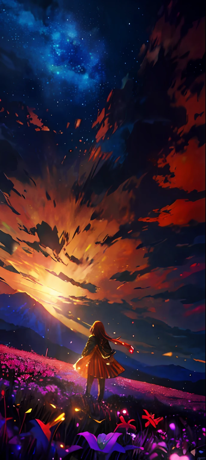 A wide landscape photo, (viewed from below, the sky is above, and the open field is below), a girl standing on a flower field looking up, (full moon: 1.2), (meteor: 0.9), (nebula: 1.3), distant mountains , Trees BREAK Crafting Art, (Warm Light: 1.2), (Firefly: 1.2), Lights, Lots of Purple and Orange, Intricate Details, Volumetric Lighting BREAK (Masterpiece: 1.2), (Best Quality), 4k, Ultra Detailed, (Dynamic Composition: 1.4), Rich in Detail and Color, (Rainbow Color: 1.2), (Glow, Atmospheric Lighting), Dreamy, Magical, (Solo: 1.2)