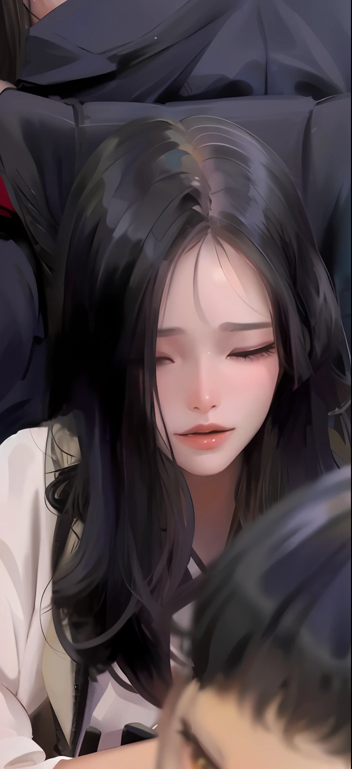 there is a woman that is looking at a cell phone, She has a cute face, she has a cute expressive face, her face looks like an orchid, Sleepy expression, wan adorable korean face, & her expression is solemn, so happy that her face hurts, young wan angel, Asian face, round cheeks, she has a distant expression, gongbi