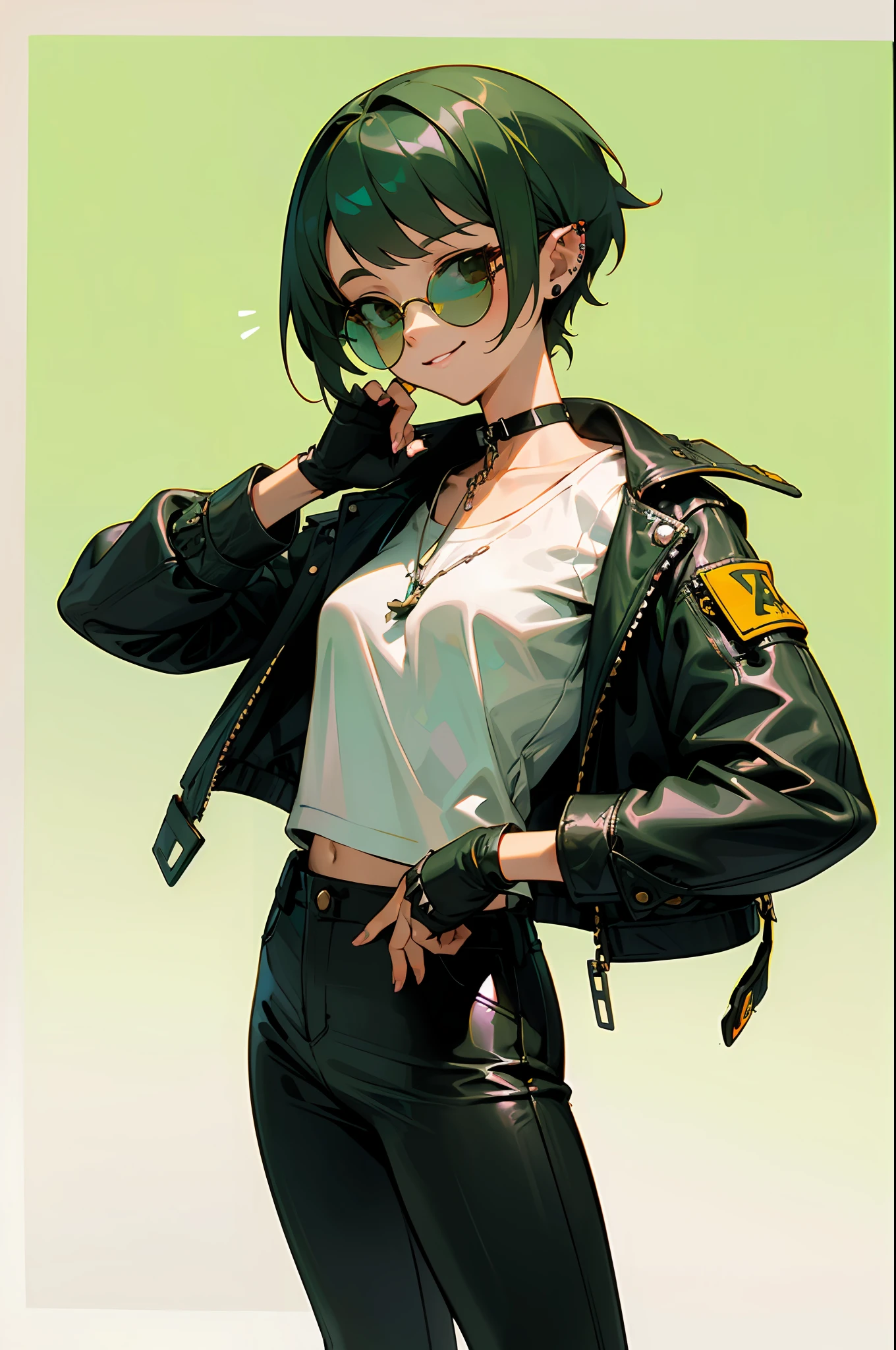 girl, (emerald green short hairstyle),((aviator sunglasses)), (tomboy), big smile, street bandit clothes, leather jacket, White T-shirt, small breasts, black leather jacket, street bandit leather pants with silver chain, spiked choker, piercing ears, Fingerless gloves, light green background, glasses lowered, easy for live2D, flat art, attractive figure