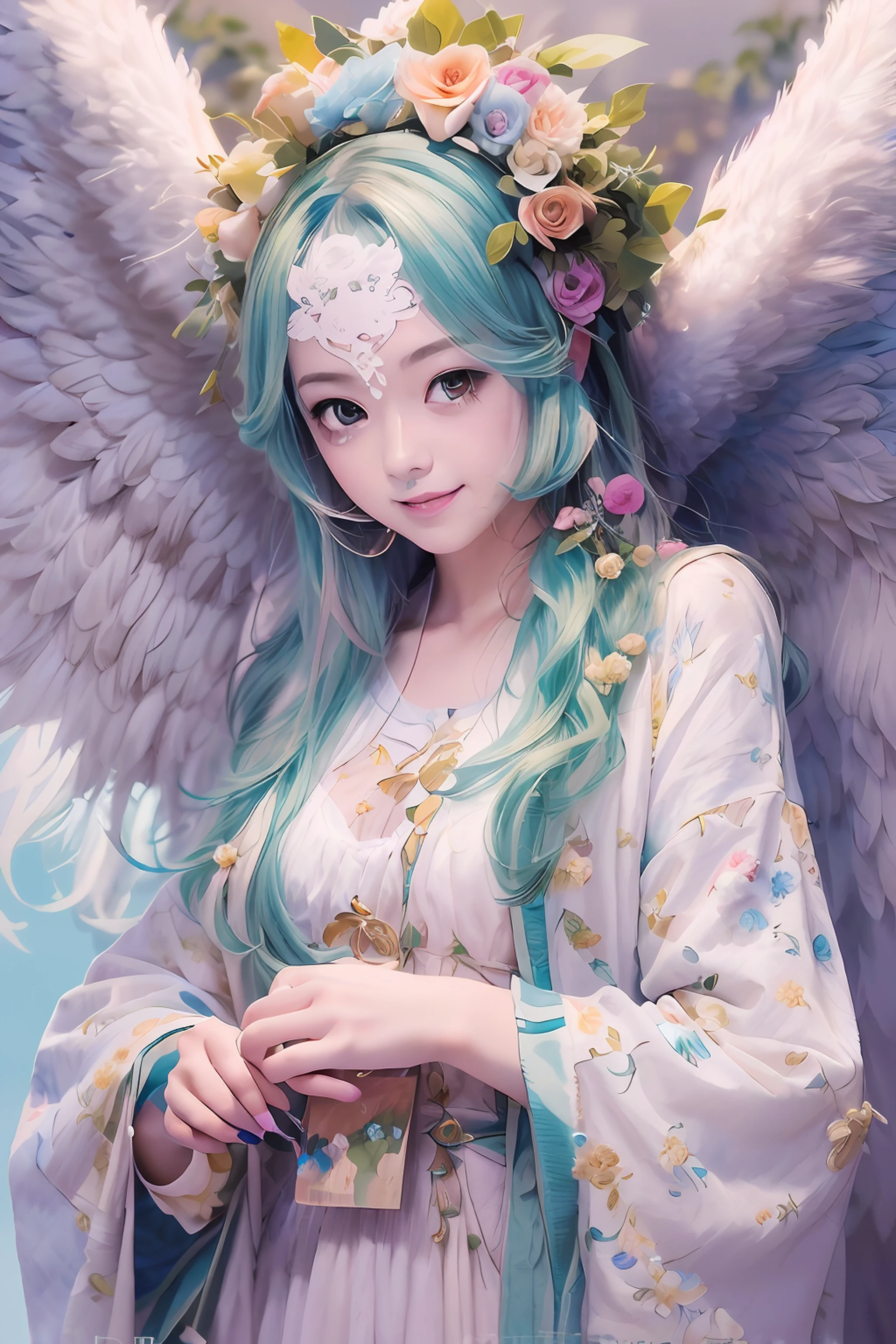 (Angel wings、😇、a smile、😌🥰Archaic Smile).hyper realstic、Ultra-realistic、Depiction of the human body without distortion、Monna Lisa、Woman in the Arms、Near and far law、Three-dimensional、Contemporary painting、moderno、world masterpiece、collection、Homage to the art or artist work of Picasso and Renoir, Not sentimental、Excellent portrayal、Gentle expression、More detailed character faces, Serious competition、Compositions like paintings、(Konmutsuki_Gacha_Series 1, punk_rosette), Realistic、Delicate brushwork、aqua color flowers, (Full body, elegant flowers background)