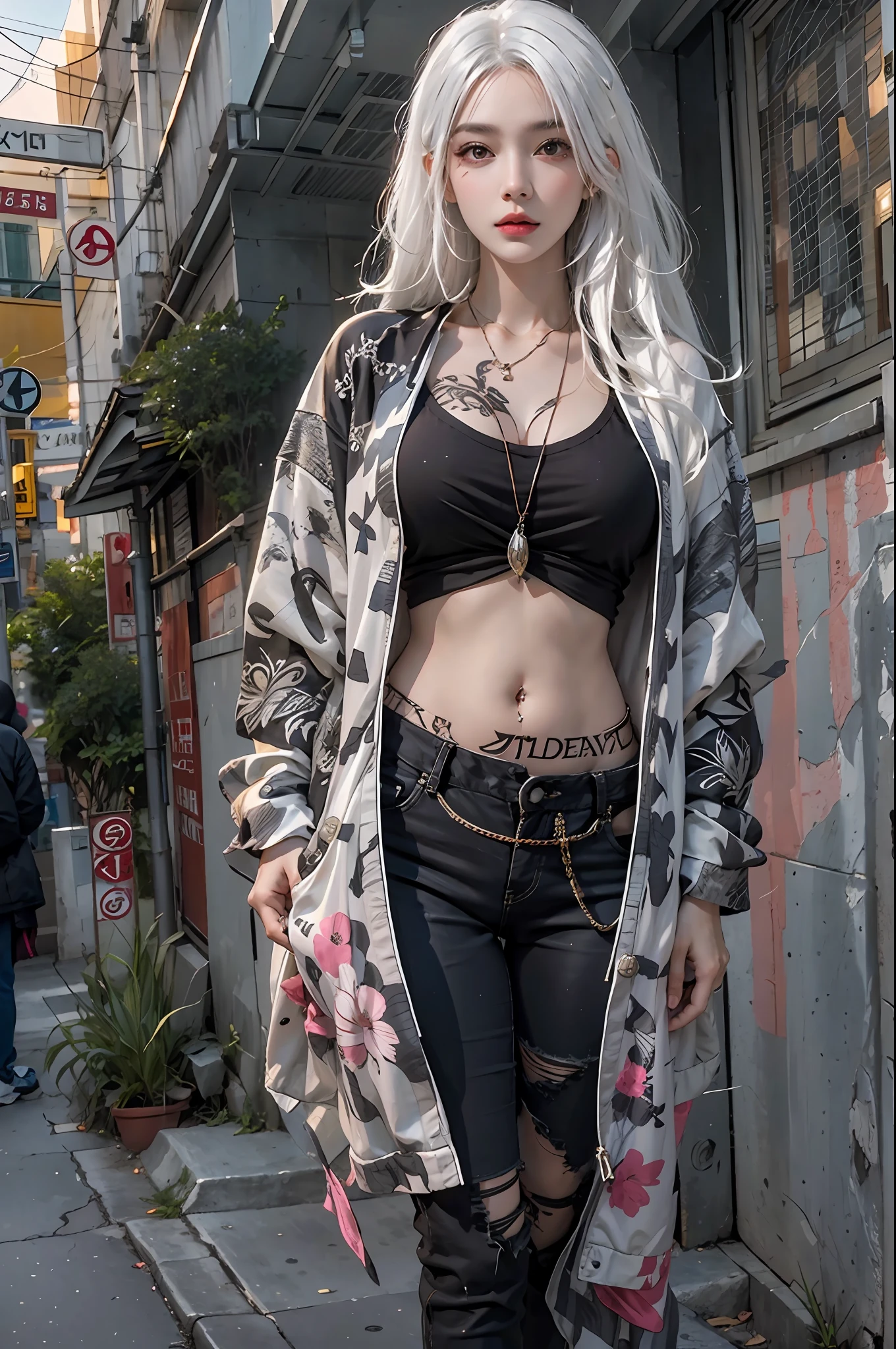 photorealistic, high resolution, 1women, solo, hips up, look at viewer, (detailed face), white hair, long hair, street wear, jewelry, belly tattoo