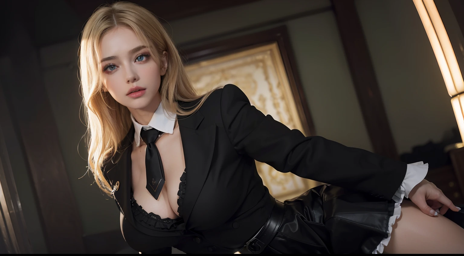(masterpiece, highres, best quality:1.2), 8K, highly detailed, intricate, colorful, vibrant image, sharp focus, cinematic) blonde hair, long hair, green eyes, body builder (Wearing black business outfit, black_collared shirt cropped jacket ,tie,necktie,black frilled skirt, garter straps, leather waist belt) (big perfect round breasts,hourglass body, thin waist,very thin waist, Photo realistic,(hyperrealistic:1)beautiful, masterpiece, best quality, extremely detailed face,perfect face,beautiful face, perfect lighting,detailed eye makeup, detail face, nice detailed eyes,nice hands, perfect hands,glowing eyes (realistic pupils,realistic iris:1) heavy eye makeup,(empty Casino)(Posing dynamically)