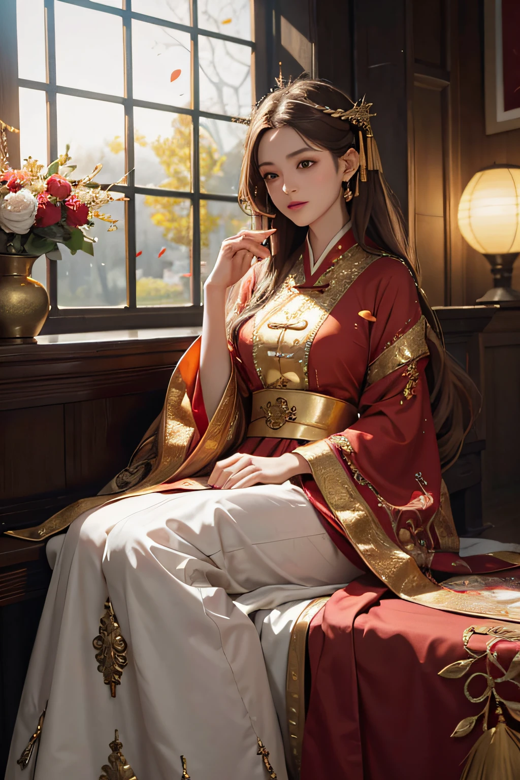 best quality, masterpiece, highres, (exquisite body:1.5),gorgeous face,(milky skin:1.3),intricate details,high resolution,wallpaper,
1girl, solo, dress, hair ornament, (((gold and red dress))), flowers, long hair, brown hair, closed mouth, jewelry, long sleeves, hand up, wide sleeves, big eyes,floating hair, chinese clothes, hanfu, embroidery, long skirt, natural pose, falling petals, indoor,fanning, lantern,
16K,HDR,highres,depth field,(film grain:1.1),boken,golden hour,(lens flare),vignette,rainbowing,(color grading:1.5)