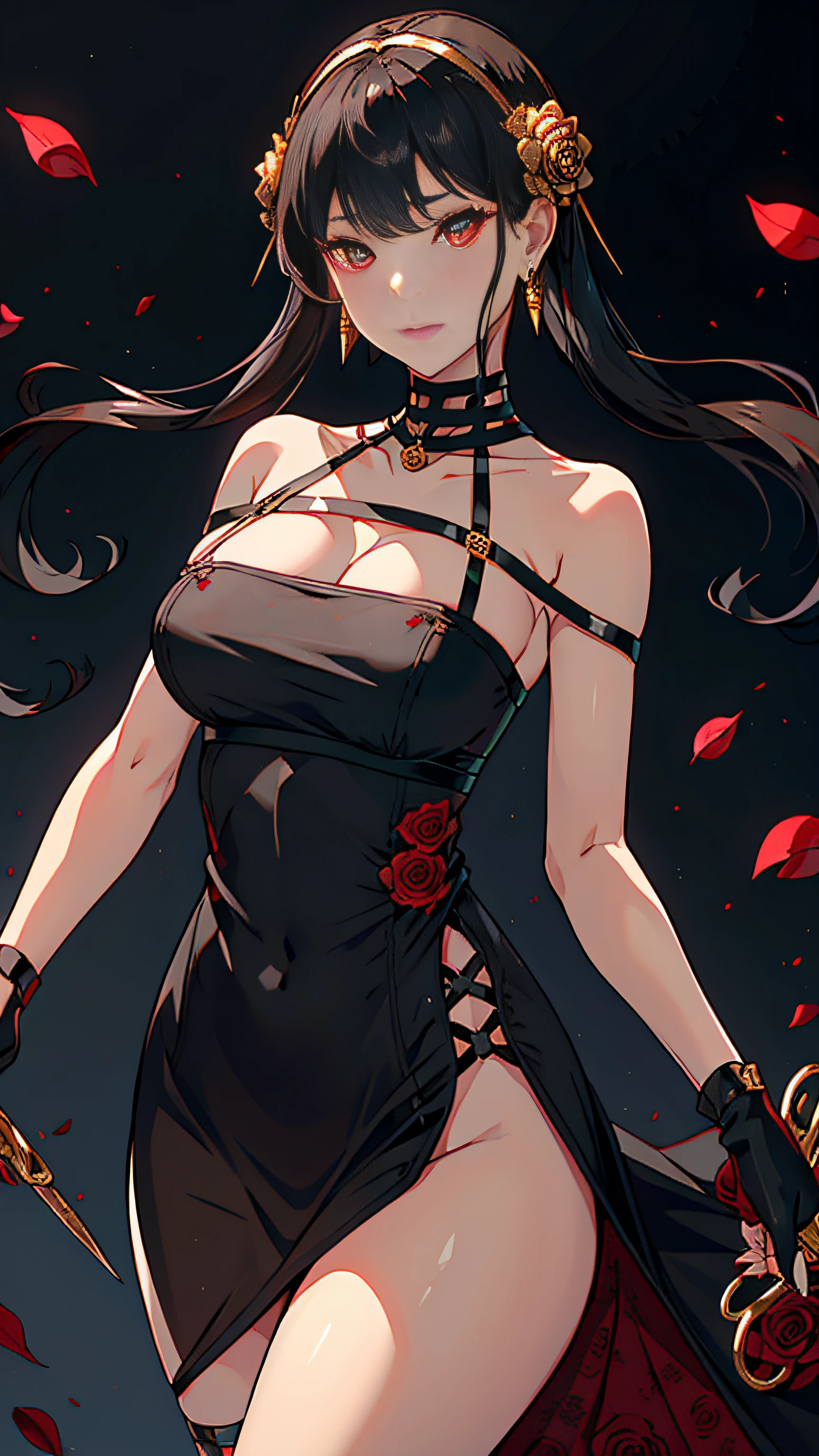 Yorbrier、
Super beautiful big glowing eyes、1girl in, in backlight, bare shoulders, black backgrounds, Black Dress, Black Gloves, Dark hair, Bloods, Blood on the face, Blood in weapons, breastsout, Mouth closed, cowboy shot, doress, 耳环, deadpan, Fingerless gloves, floting hair, with floral pattern, with floral pattern, florals, gloves, Gold Earrings, Gold Hair Band, flower in hair, hair adornments, shairband, ngel, holding weapon, jewely, large full breasts, light particules, length hair, looking at the viewers, Off shoulder dress、off shoulders、flower petals、red eyes、roses、Rose petals、Rose print、short hair with long locks、side locks、独奏、spikes、thighs thighs thighs thighs、two-sided dress、two-sided fabric、arma
、((masterpiece))