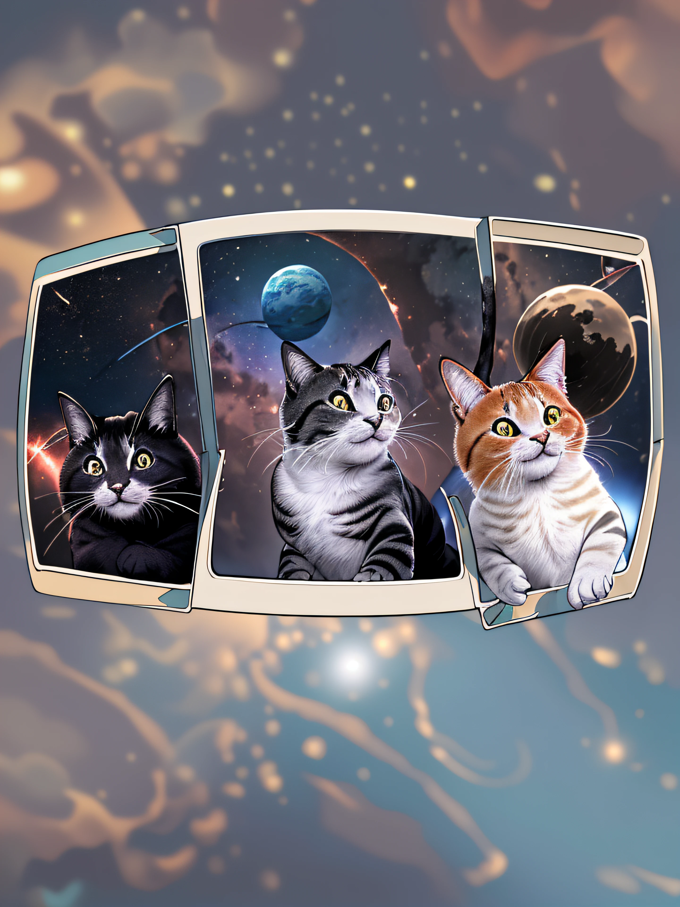 ((4k, obra-prima, melhor qualidade)), Three very happy cats exploring outer space