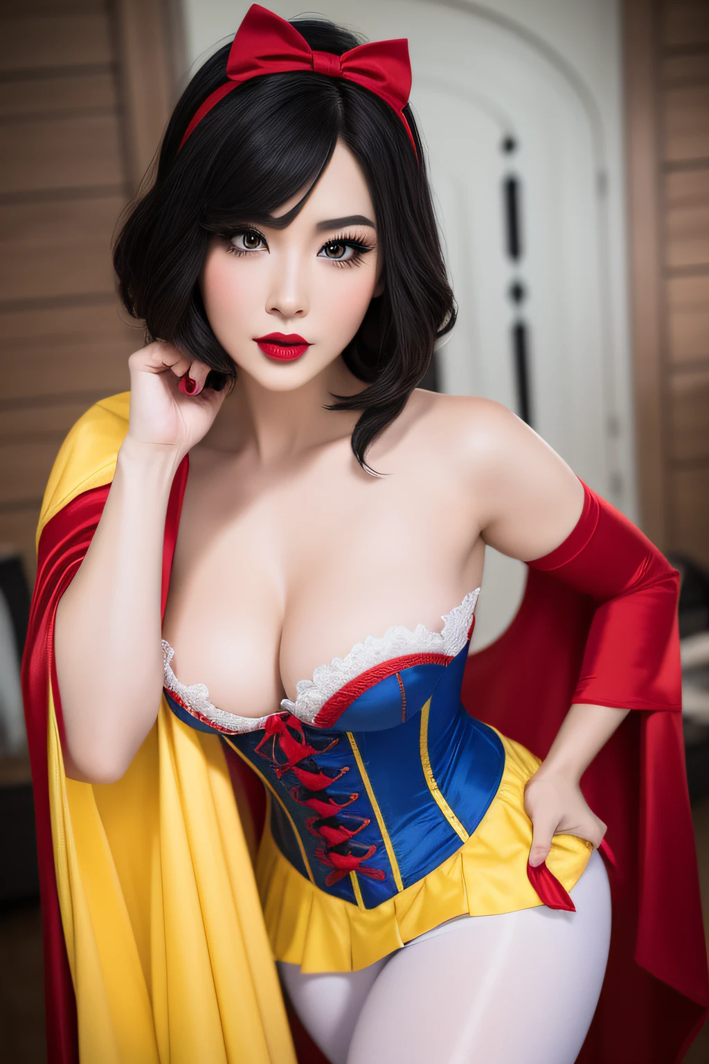 Beautiful chinese woman, snow white cosplay, blue corset, yellow pleated skirt, red and white slashed shoulder sleeves, black bob hair, red headband, red cape, silk, satin, photorealistic, masterpiece, best quality, beautifully detailed face, detailed skin, white leggings, sexy