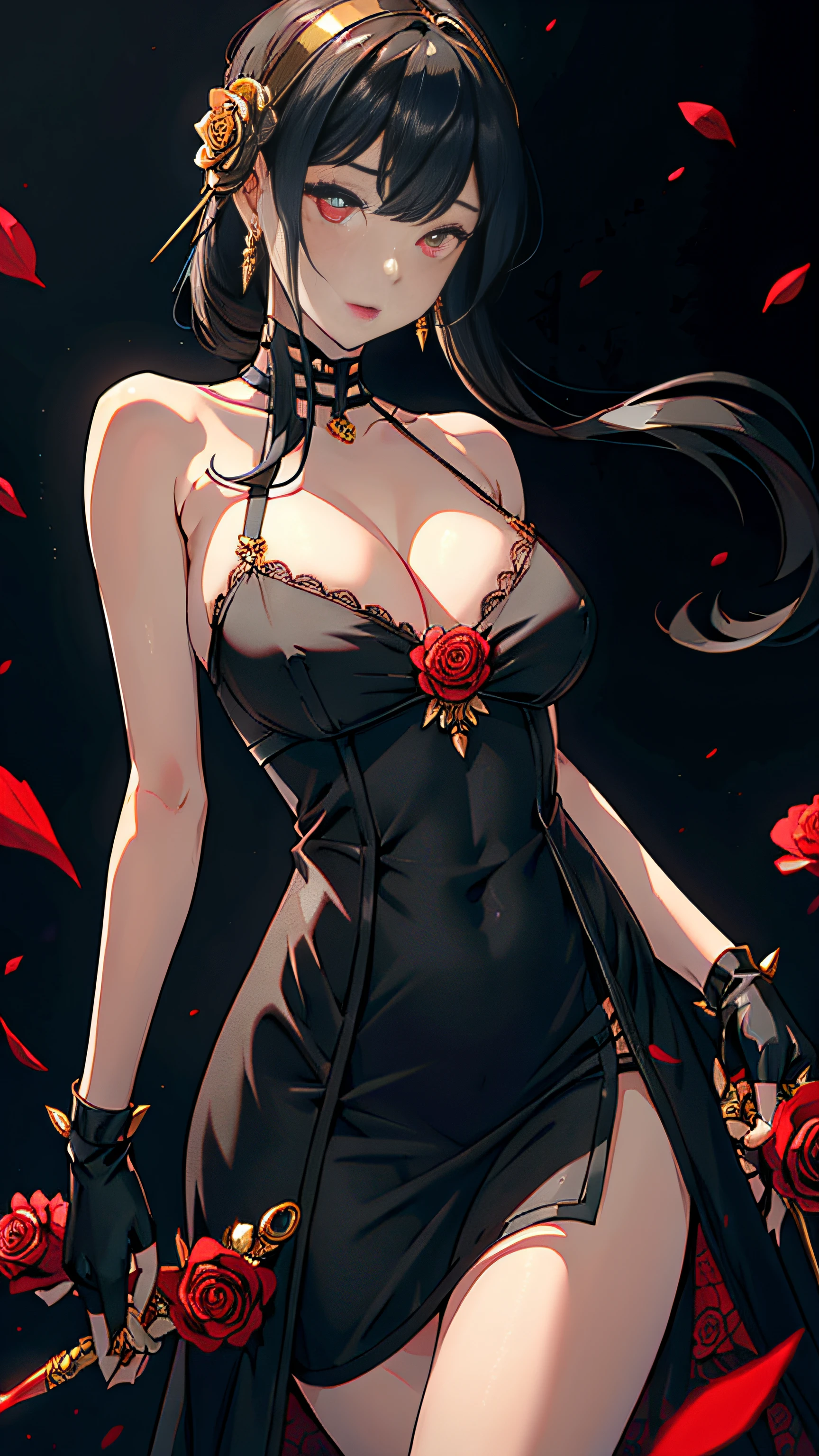 Yorbrier、
Super beautiful big glowing eyes、1girl in, in backlight, bare shoulders, black backgrounds, Black Dress, Black Gloves, Dark hair, Bloods, Blood on the face, Blood in weapons, breastsout, Mouth closed, cowboy shot, doress, 耳环, deadpan, Fingerless gloves, floting hair, with floral pattern, with floral pattern, florals, gloves, Gold Earrings, Gold Hair Band, flower in hair, hair adornments, shairband, ngel, holding weapon, jewely, large full breasts, light particules, length hair, looking at the viewers, Off shoulder dress、off shoulders、flower petals、red eyes、roses、Rose petals、Rose print、short hair with long locks、side locks、独奏、spikes、thighs thighs thighs thighs、two-sided dress、two-sided fabric、arma
、((masterpiece))