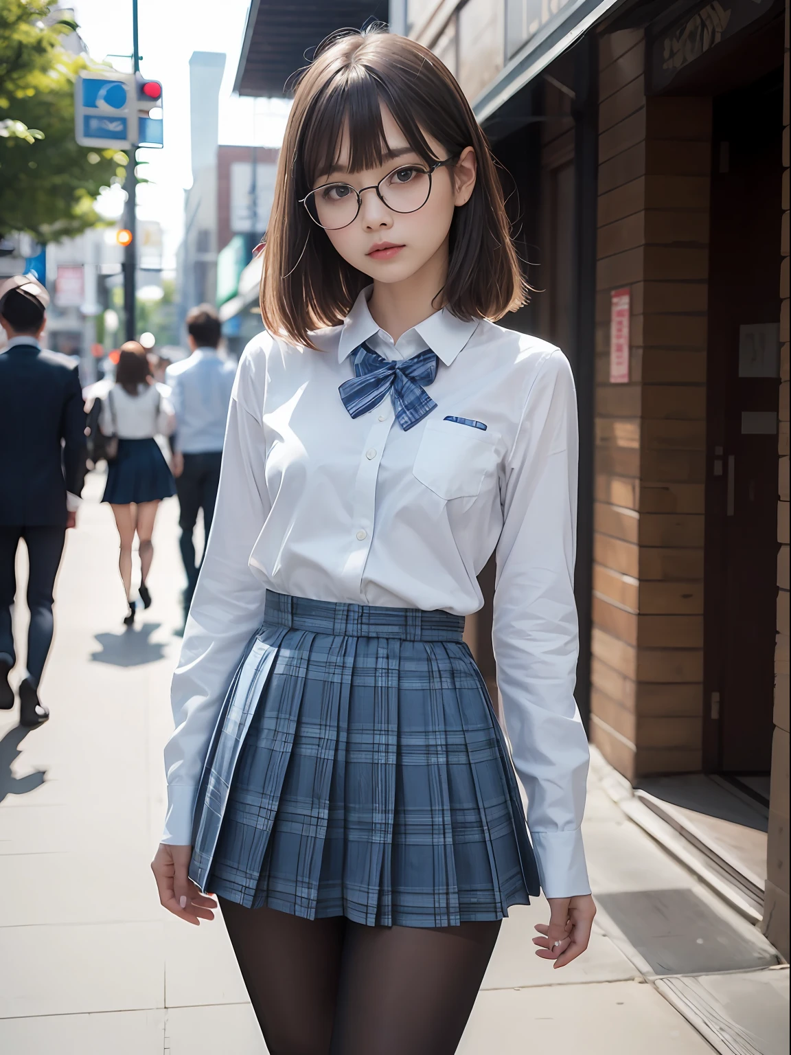 (8K、Raw photography、top-quality、masterpiece:1.2),Erotic,Pupils,Light Blue Bra,de pele branca,kne,(Black pantyhose),absurderes,a small face,small tits,flat breast,Parting the bangs from the middle、Forehead visible,(a cold expression<Tight eyes,glares,Bullish,skinny,Rasping,irate)、masterpiece,top-quality、超A high resolution,Raw photo,ren,Beautiful fece,One Person, 独奏,eye glass,,Dark look,Small breasts,fullllbody,Round glasses、cute little、JK school uniform,hi-school girl,A Japanese Lady,is standing,(Photorealsitic:1.37)、Photon mapping,Light blue ribbon,Realistic、Cute little face,Brown-eyed、Black socks、(Red bow tie)、Radio City、Physically Based Rendering、Foreground、depth of fields、Blurry background、a picture,The girls、Body,beauty legs, Long legs, Thin leg,Long bob cut,(Bangs are visible), hair, s lips, Blue_The eye, nosesoft,(Light blue shirt), (Navy and blue and white plaid pleated skirt), Knees are visible,Sheer clothing,, Thigh, Black cotton socks,Nogizaka Idol, 女優, Japanese ido
