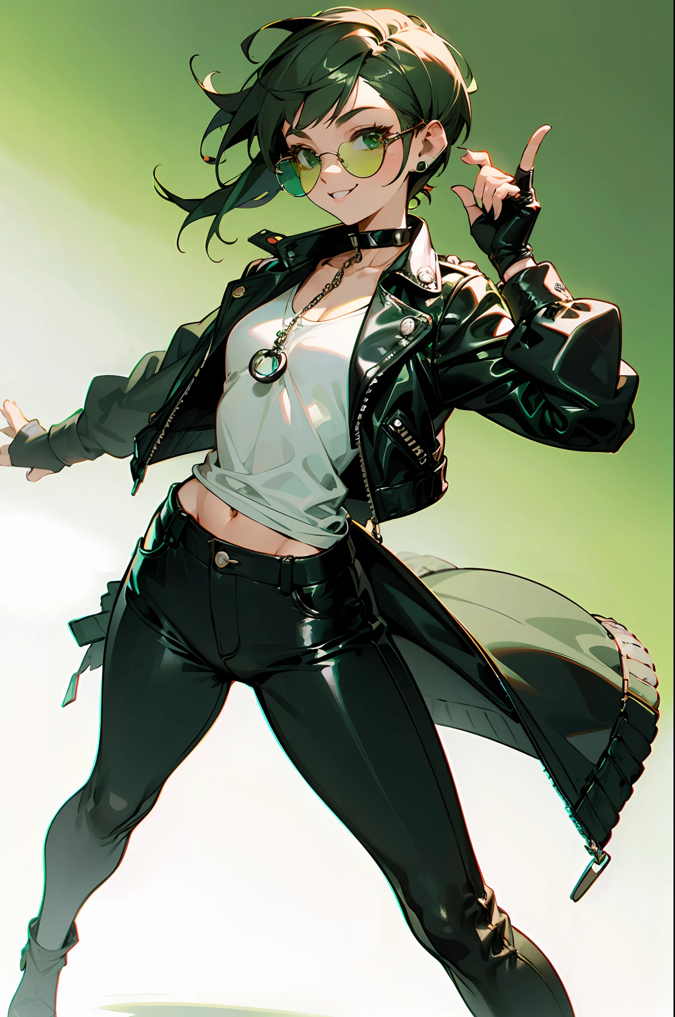 girl, ((emerald green short hairstyle)), ((aviator sunglasses)), (tomboy), big smile, street bandit clothes, leather jacket, White T-shirt, small breasts, black leather jacket, street bandit leather pants with silver chain, spiked choker, piercing ears, Fingerless gloves, light green background, glasses lowered, easy for live2D, flat art, attractive figure