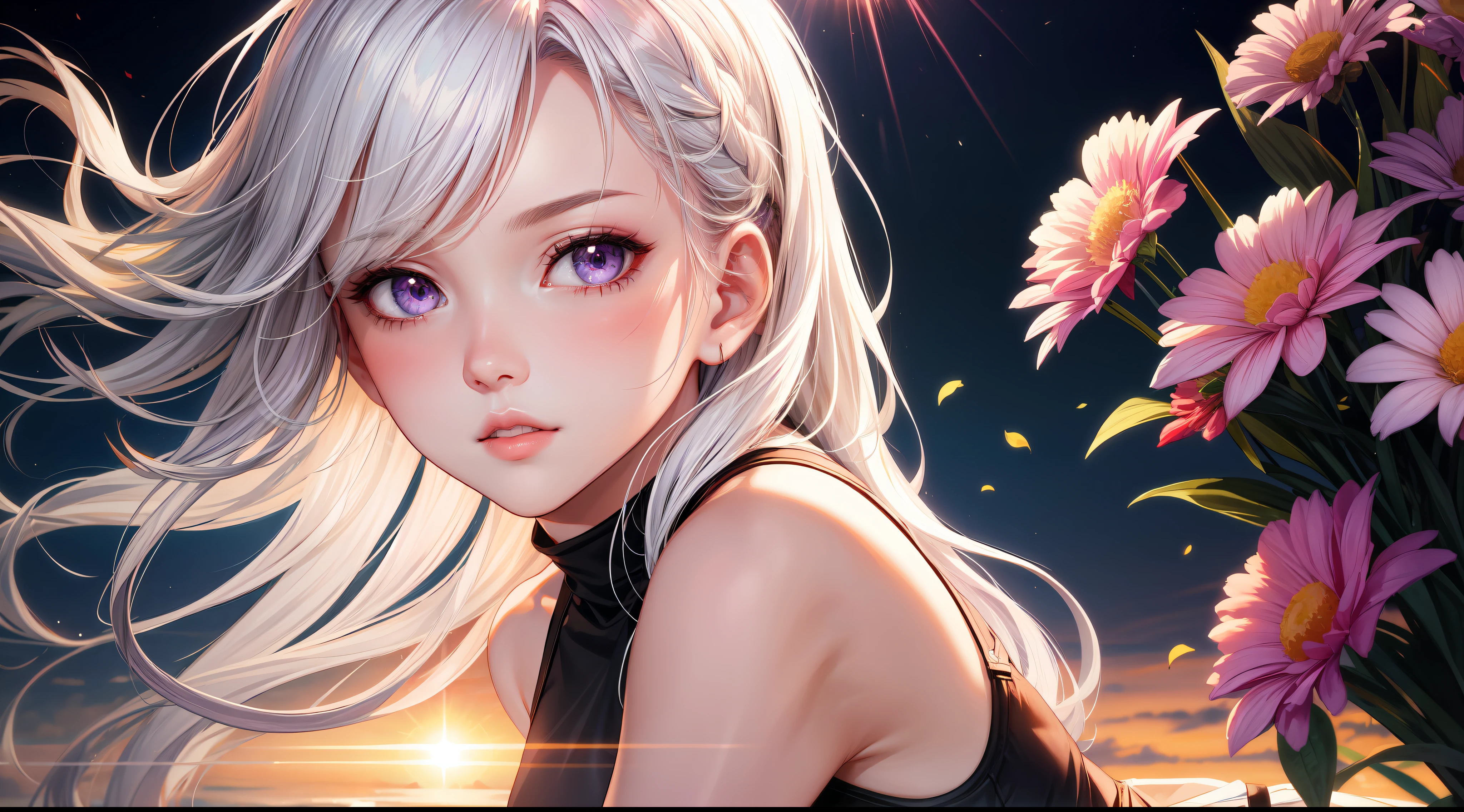 realistic, 1girl, white hair, purple eyes, glowing eyes, crop top, skirt, parted lips, blush, night, flowers, sun, sunlight,