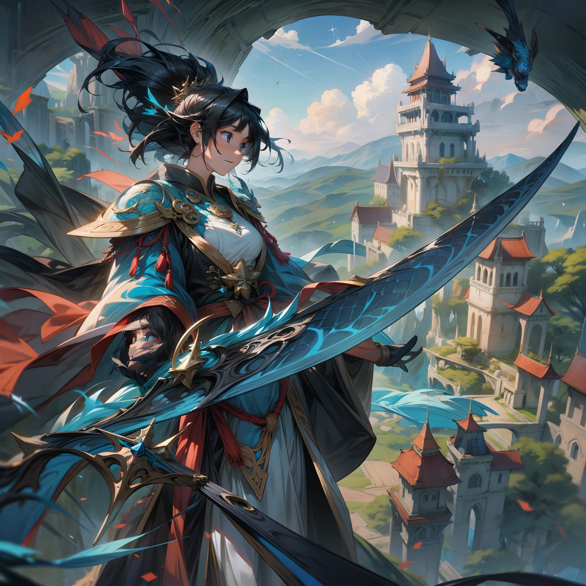 The subject is、and rendered in 8K resolution、I am a short cut young woman with black hair。Her eyes have colorful interior colors、Sparkling Blue。She is dressed brightly.、I have a sword in my hand。

Where she stands、It is a fantasy world where ancient stone monuments and plants intersect.。Dragons fly high in the sky、A mysterious tower in the distance。A majestic mountain range spreads out in the background、Vast landscapes foreshadow her adventures。

Although her posture is fixed、The expression shows strength and determination。glint in her eye、The sword in its hand、And the majestic scenery that spreads out behind it、Heralding the beginning of her adventure。

8K resolution、Her vivid outfit、Clenched sword blade、Details of the stele、Flying Dragon Scales、Eta、The vast landscape is all painted in detail.。This is、It's a moment that beautifully captures her epic adventures in a fantasy world。