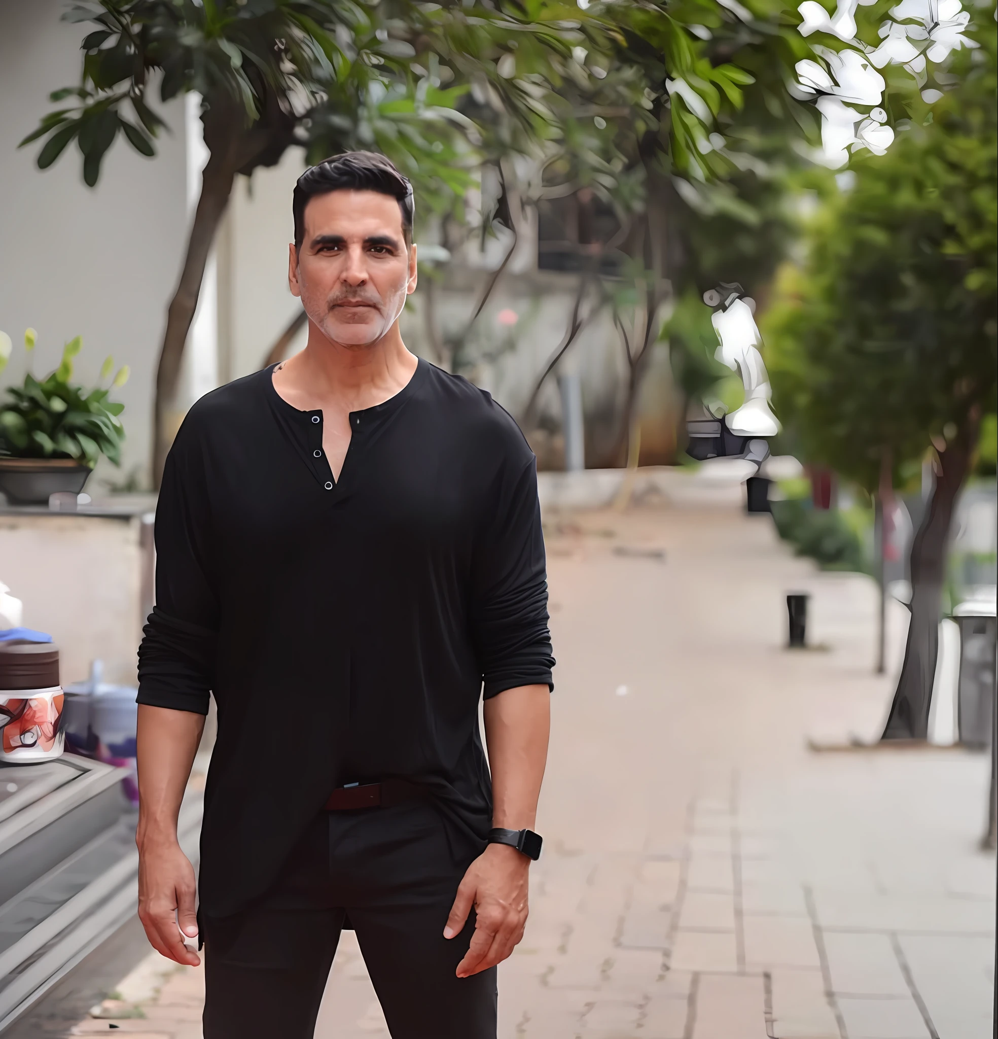 a man in black shirt standing on a sidewalk next to a tree, he is wearing a black t-shirt, 🕹️ 😎 🔫 🤖 🚬, handsome man, taken in the early 2020s, wearing a kurta, 4 0 years old man, with a cool pose, indian, menacing look, he is about 5 0 years old